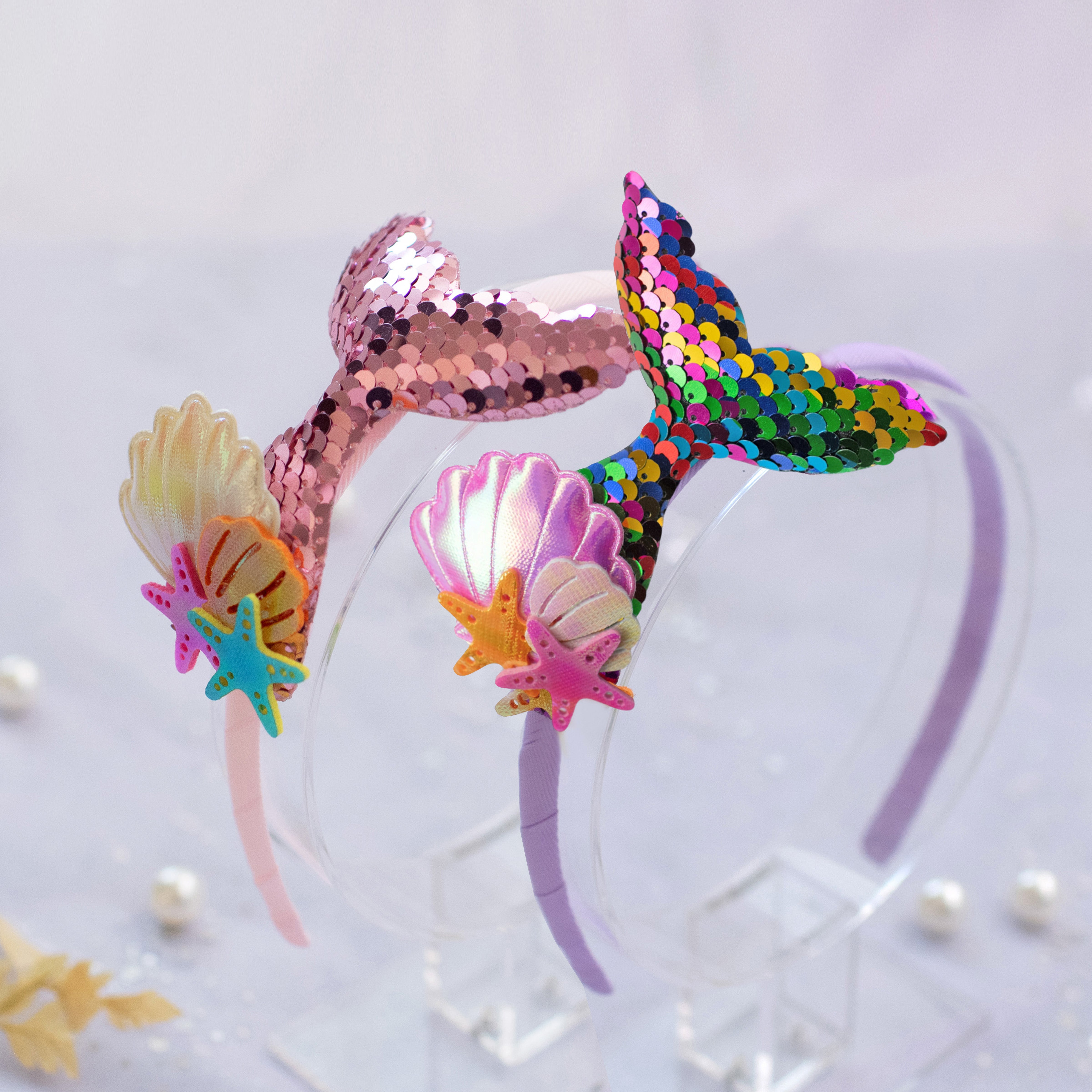 Girls' Sparkly Glitter Sequin Mermaid Tail with Starry Shell Headband
