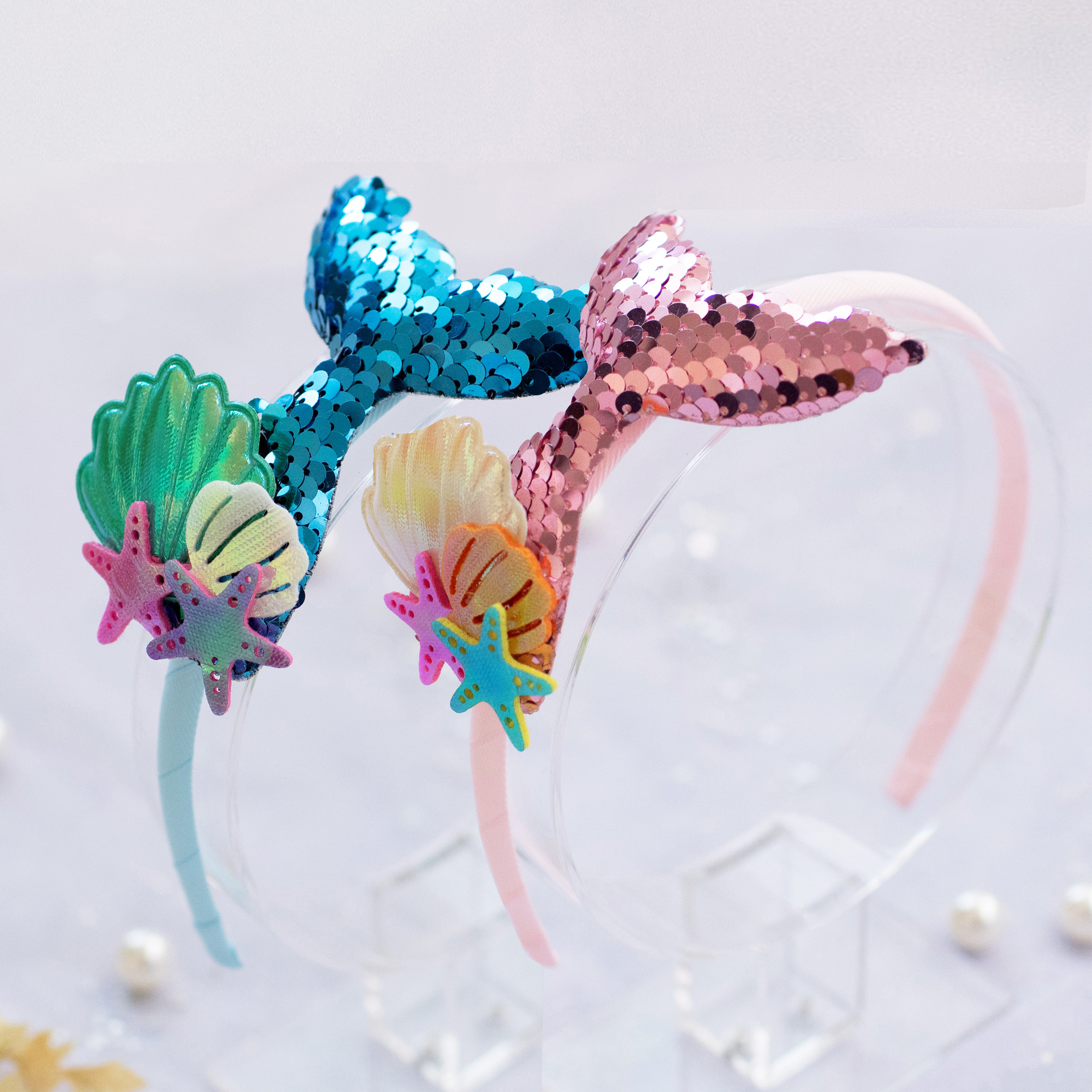 Girls' Sparkly Glitter Sequin Mermaid Tail with Starry Shell Headband