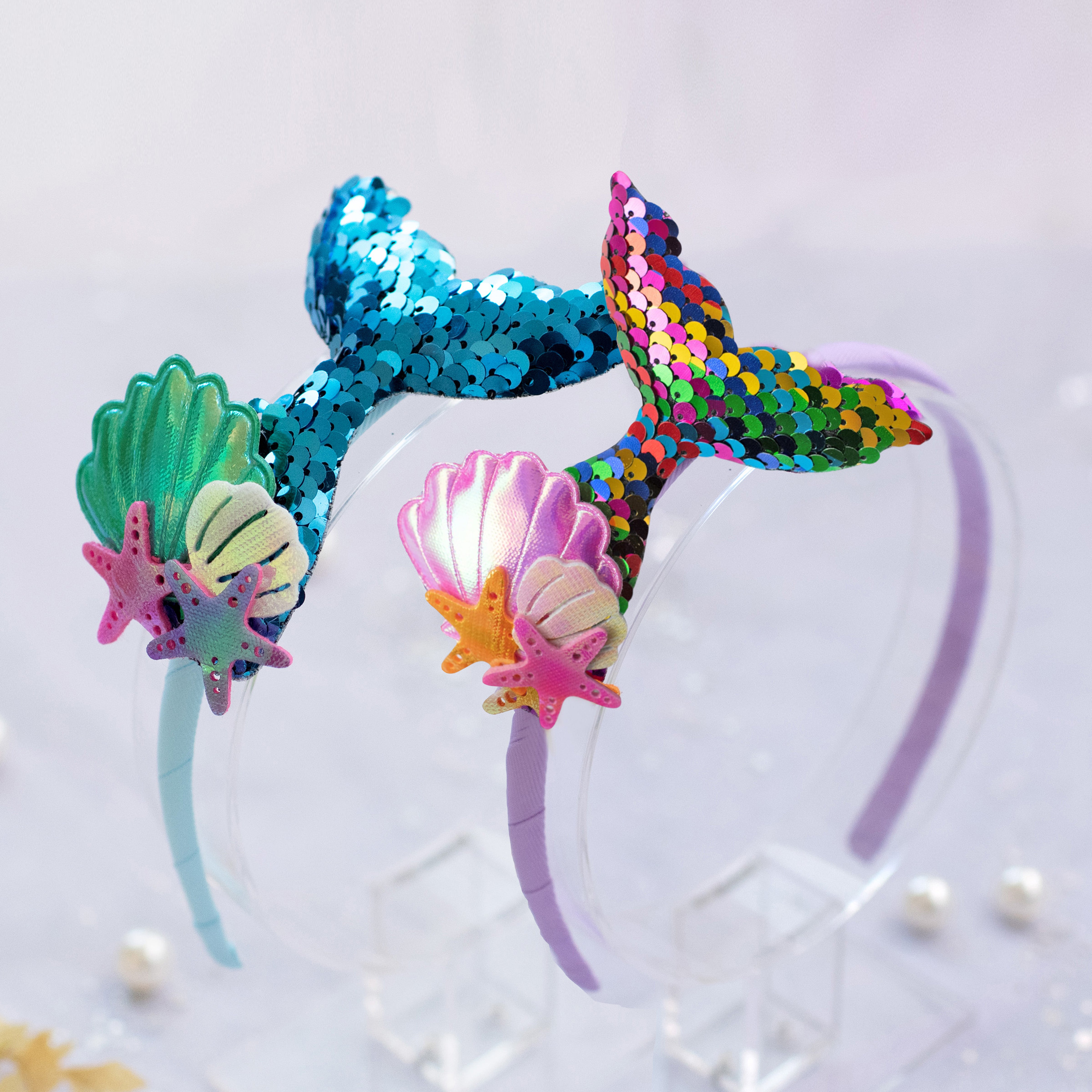 Girls' Sparkly Glitter Sequin Mermaid Tail with Starry Shell Headband