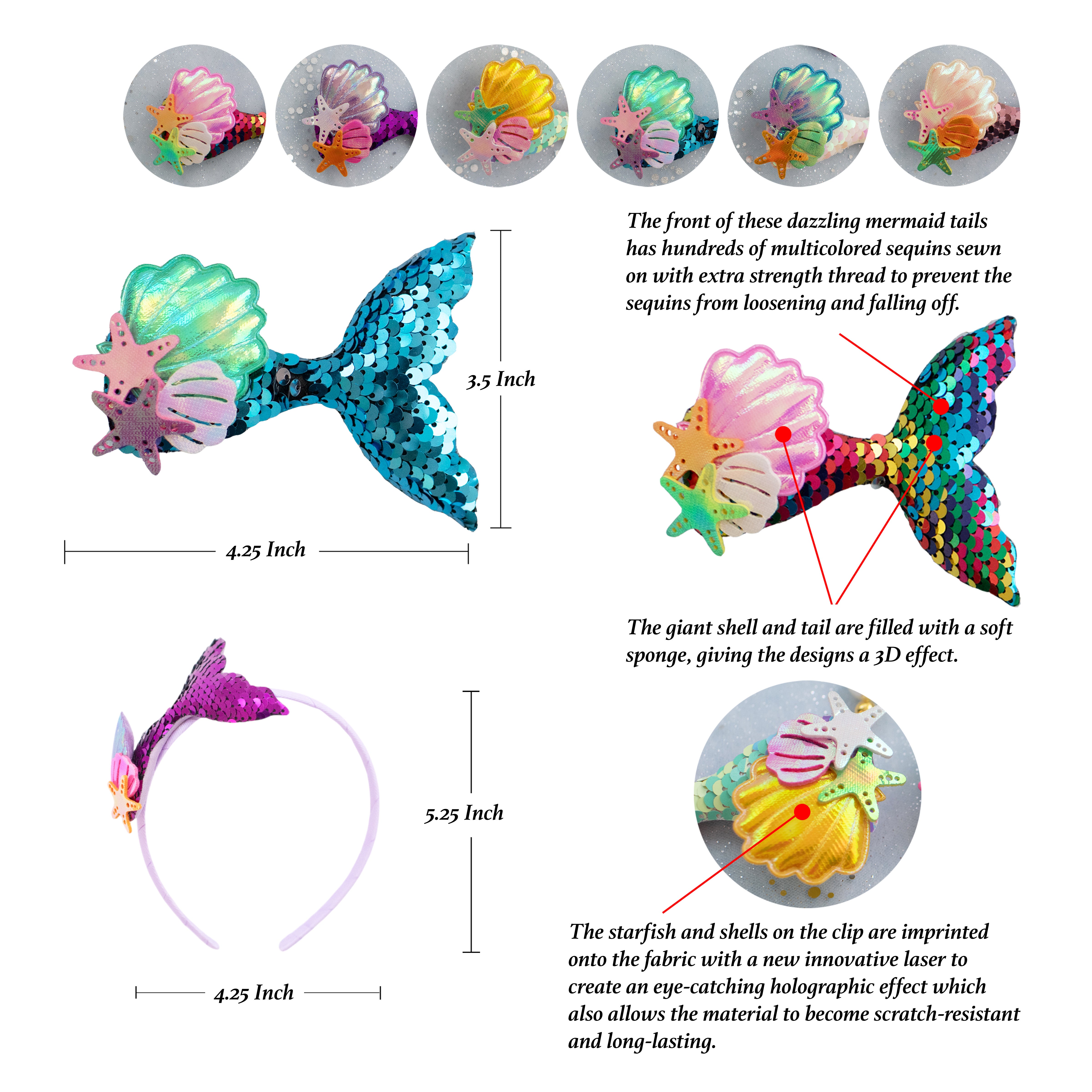 Summer Crystal - Sequin Mermaid Tail with Starry Shell Headband - 1 Pack