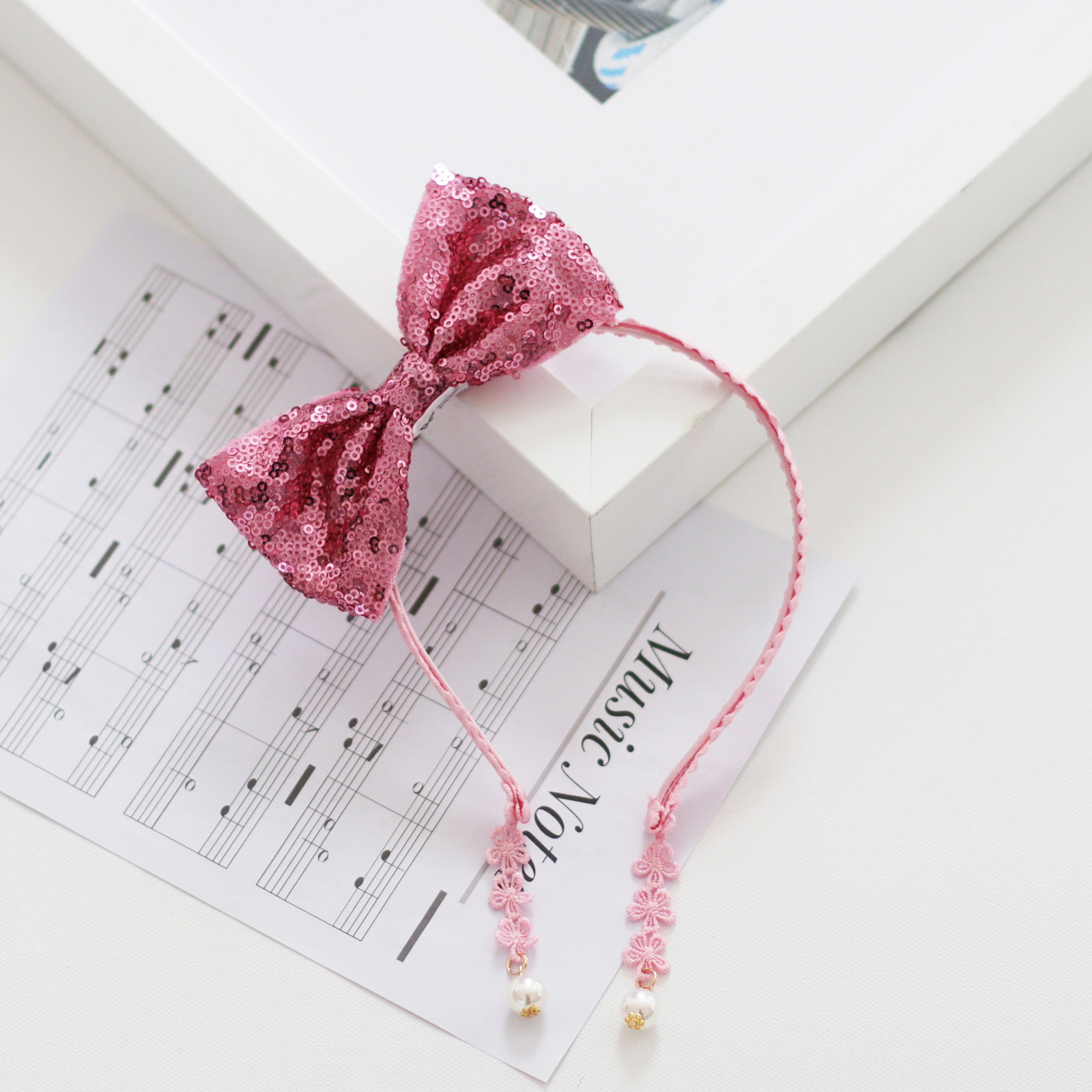 Summer Crystal - Sequin Bow Headband with Pearl Earring Pendants - 1 Pack