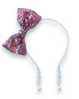Summer Crystal - Sequin Bow Headband with Pearl Earring Pendants - 1 Pack