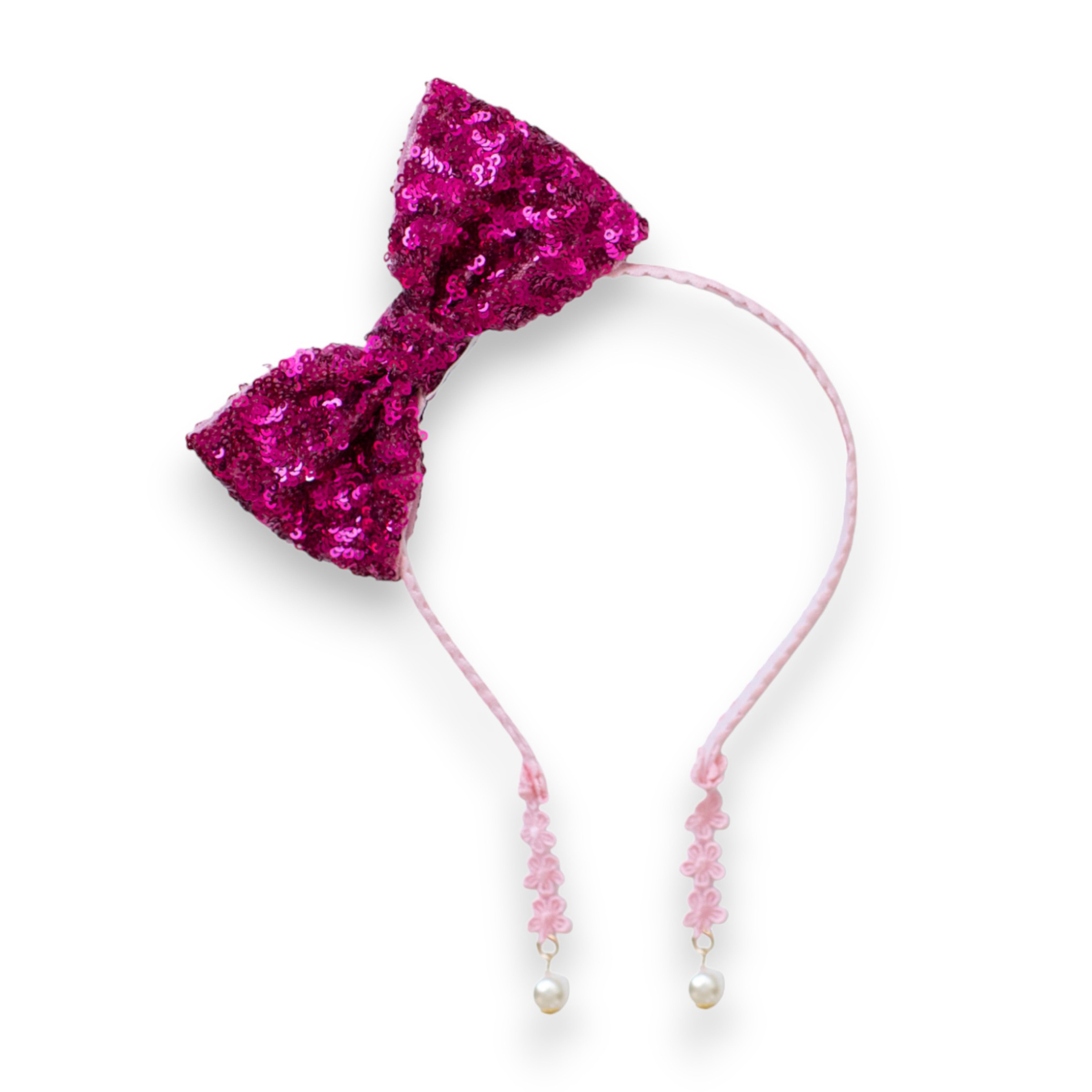 Summer Crystal - Sequin Bow Headband with Pearl Earring Pendants - 1 Pack