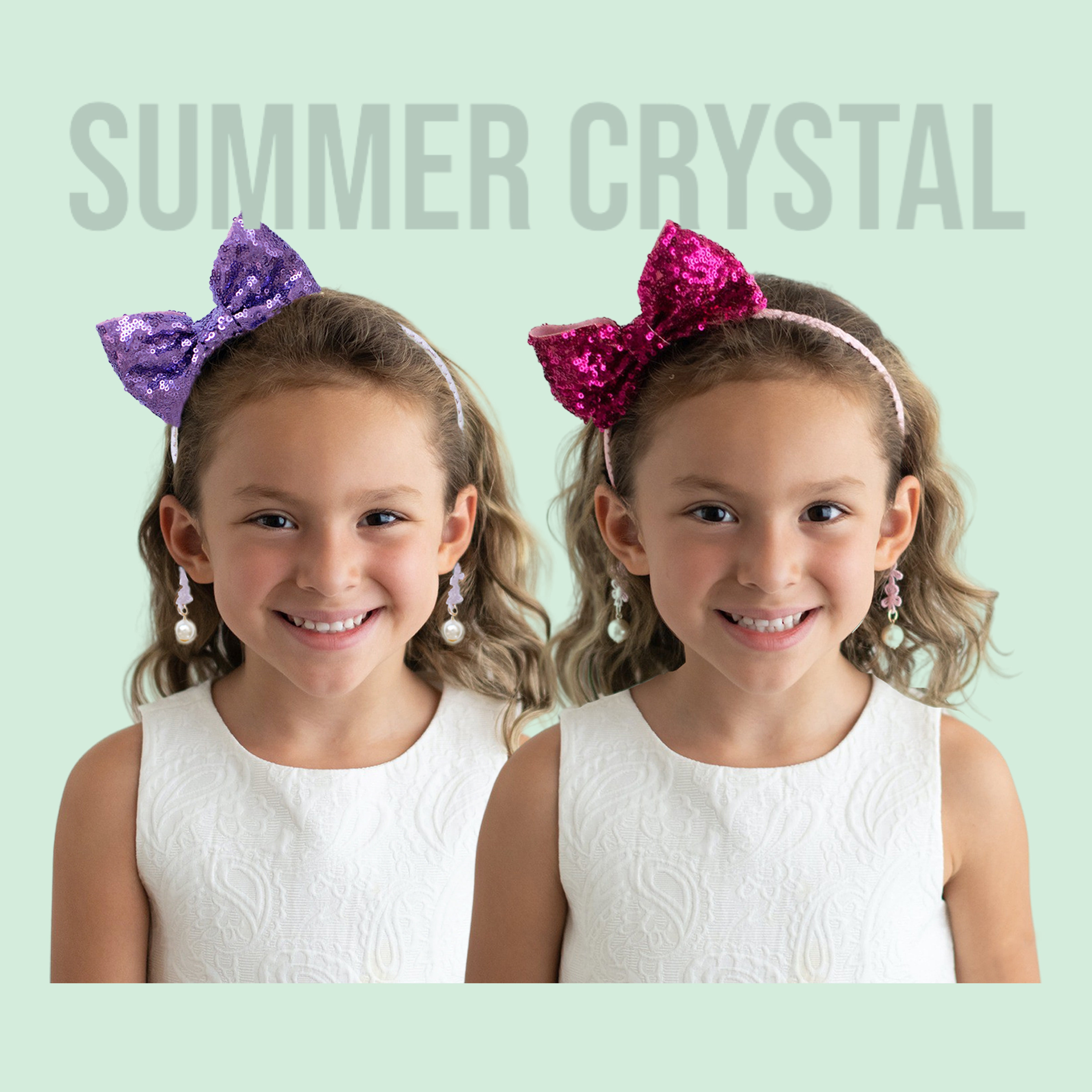 Summer Crystal - Sequin Bow Headband with Pearl Earring Pendants - 1 Pack