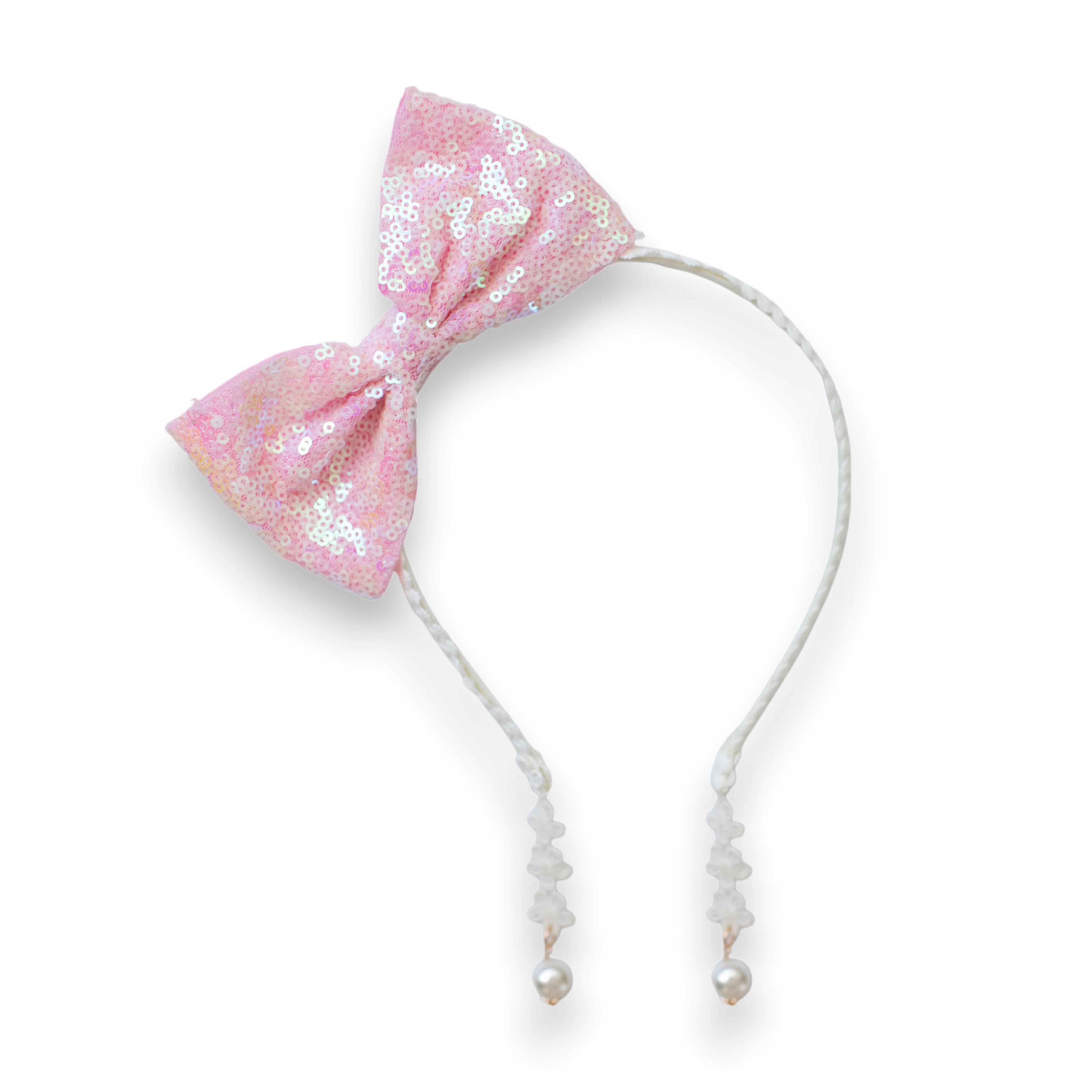 Summer Crystal - Sequin Bow Headband with Pearl Earring Pendants - 1 Pack