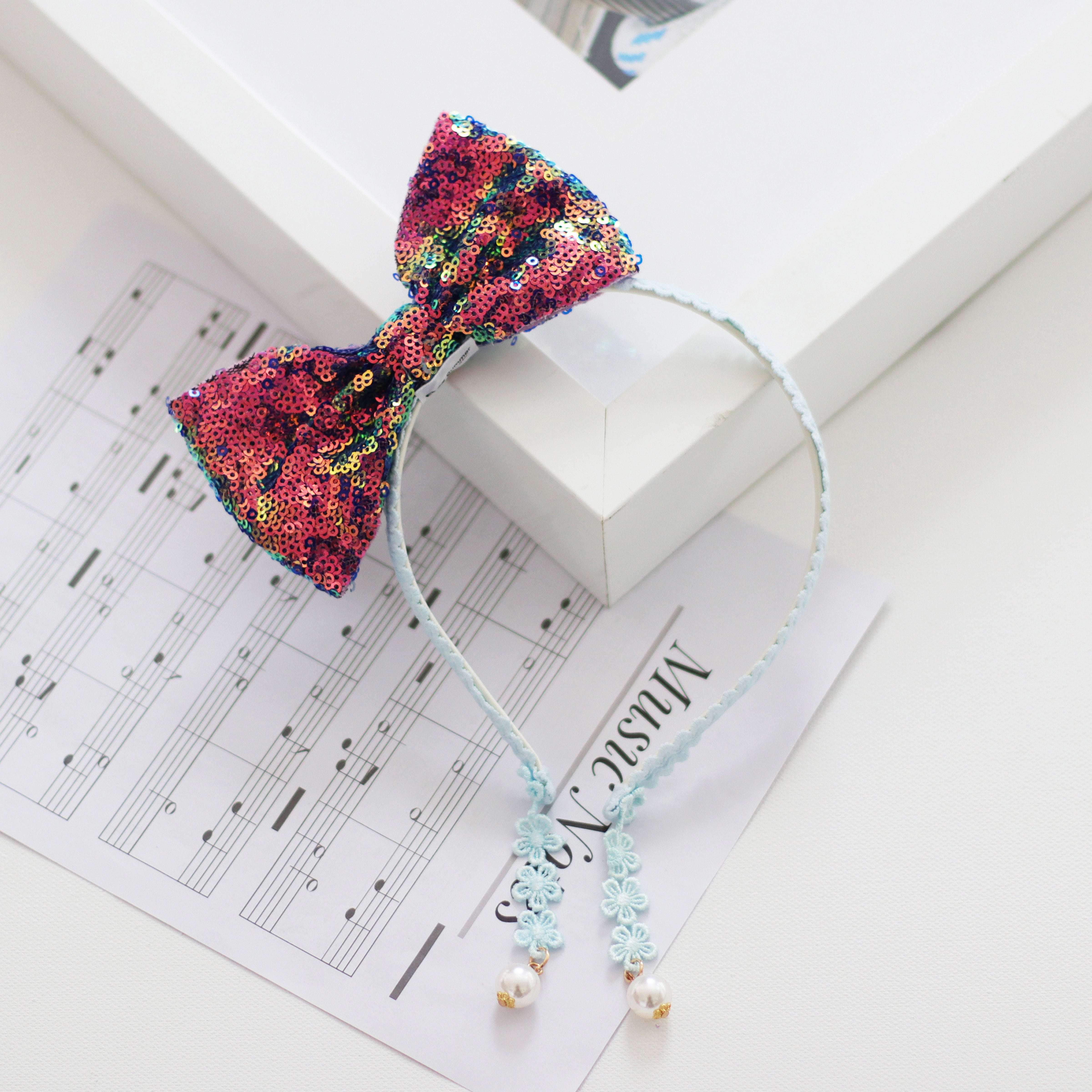 Summer Crystal - Sequin Bow Headband with Pearl Earring Pendants - 1 Pack