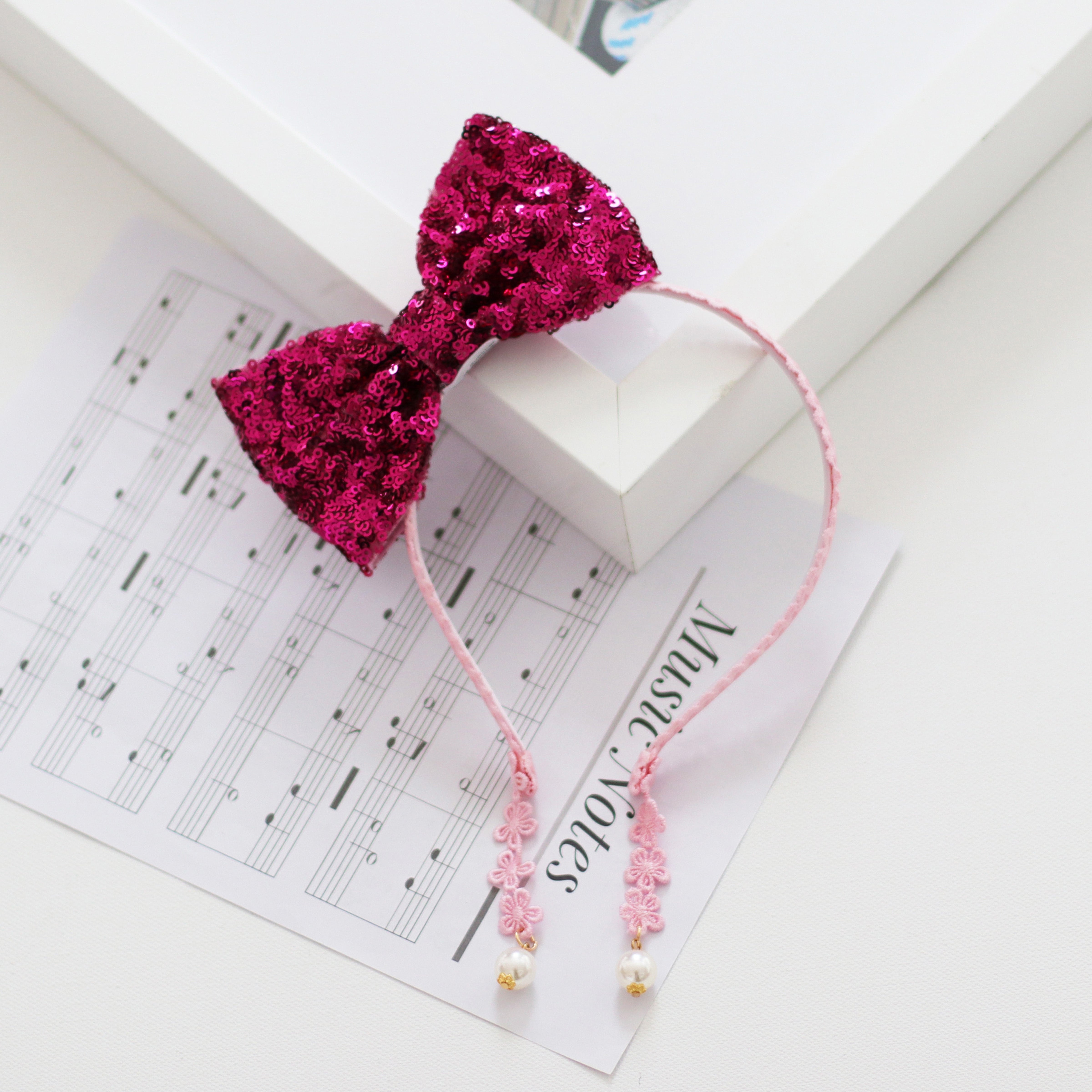 Summer Crystal - Sequin Bow Headband with Pearl Earring Pendants - 1 Pack