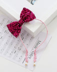 Summer Crystal - Sequin Bow Headband with Pearl Earring Pendants - 1 Pack