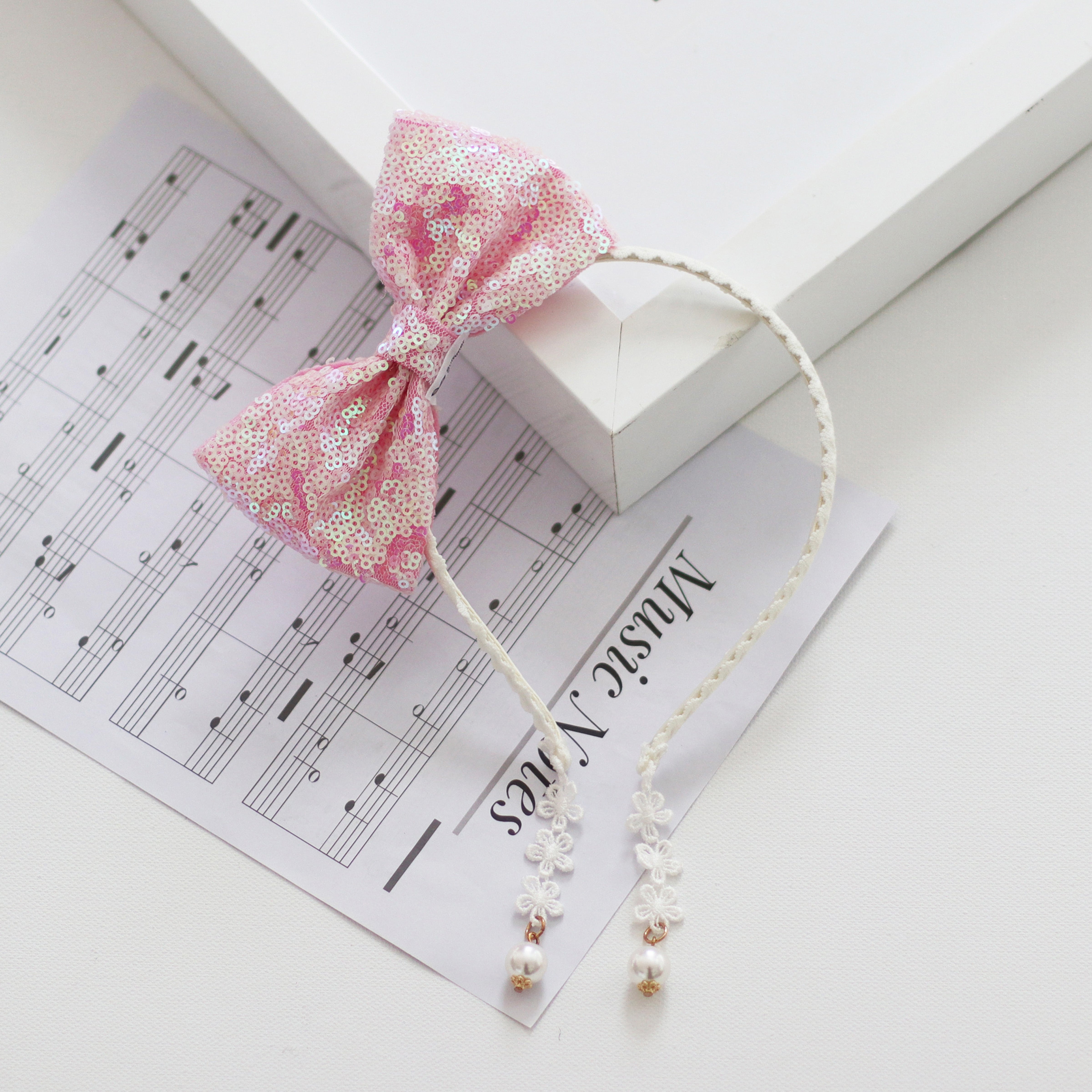 Summer Crystal - Sequin Bow Headband with Pearl Earring Pendants - 1 Pack