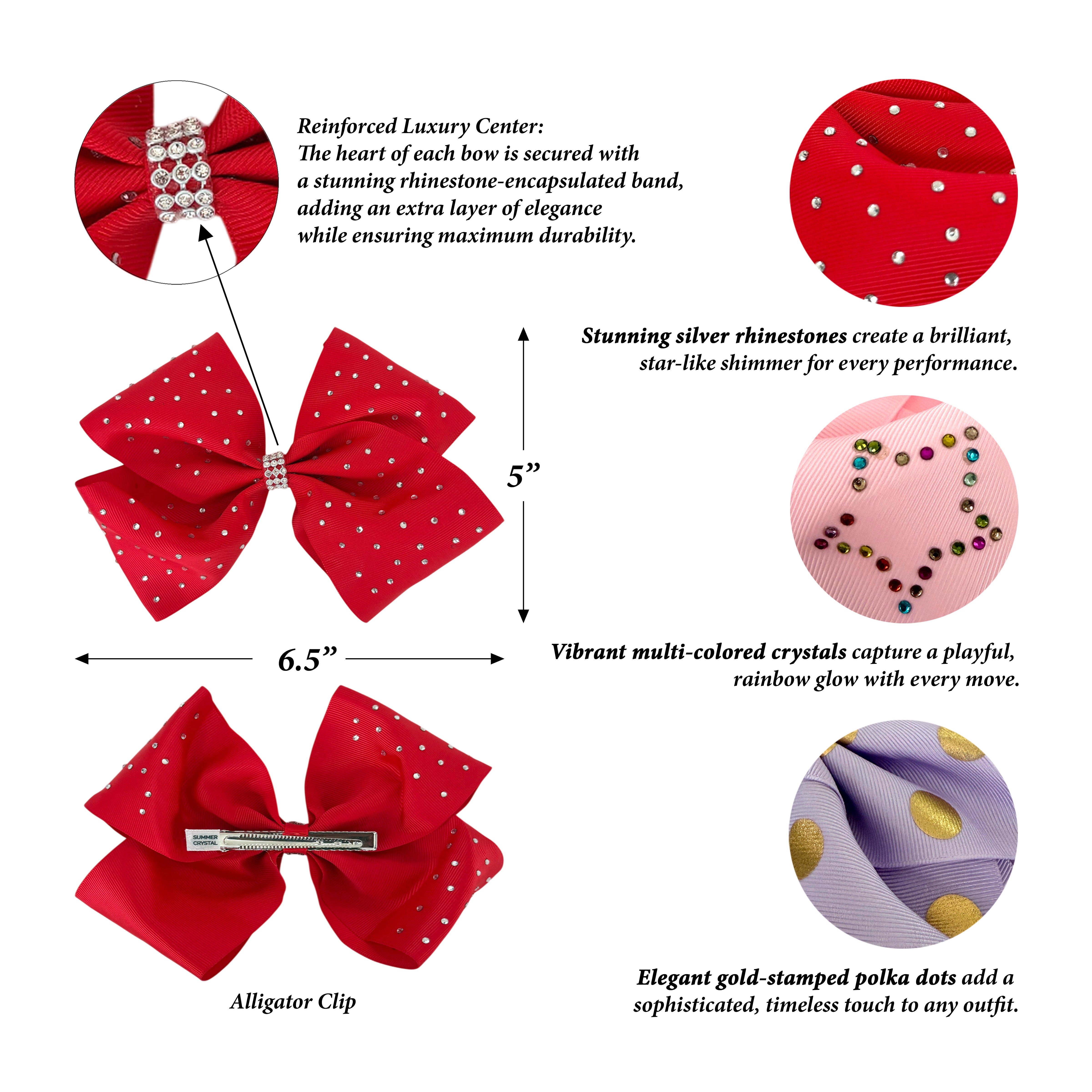 4pk Girls' 6.5 Inch Jumbo Grosgrain Bow Hair Clips - Sparkle Collection - Summer Crystal®