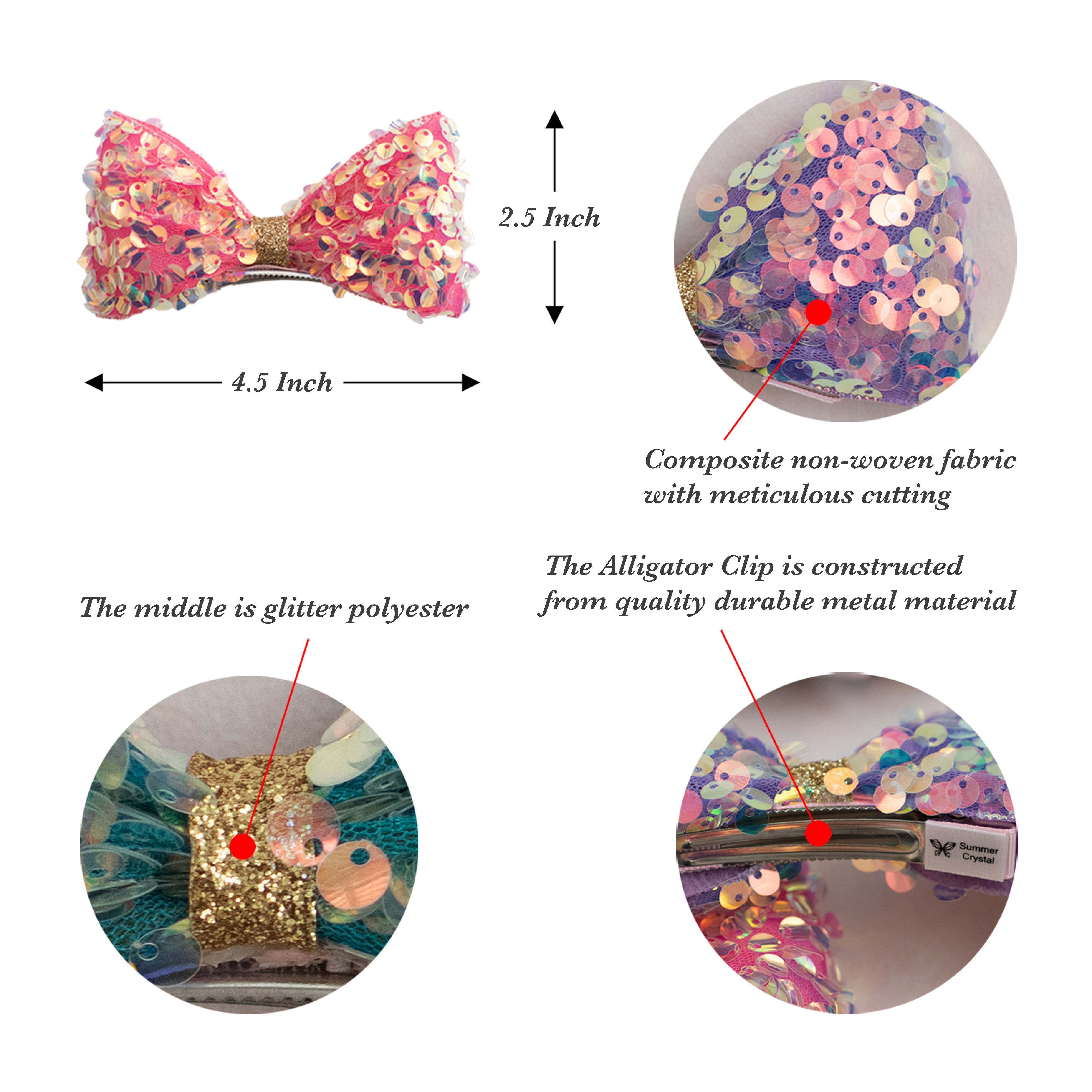 Summer Crystal - Large Sequin Top Bow Hair Clip - 1 Pack