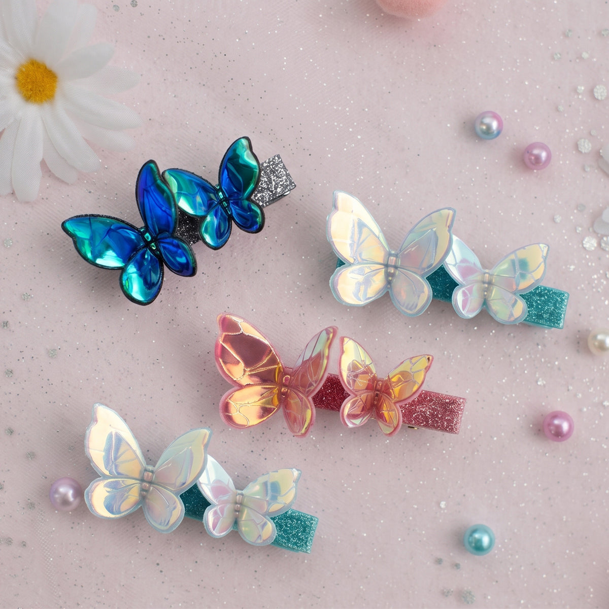 4pk Girls' 2“ 3D Glossy Holographic Butterfly Hair Clips - Summer Crystal®