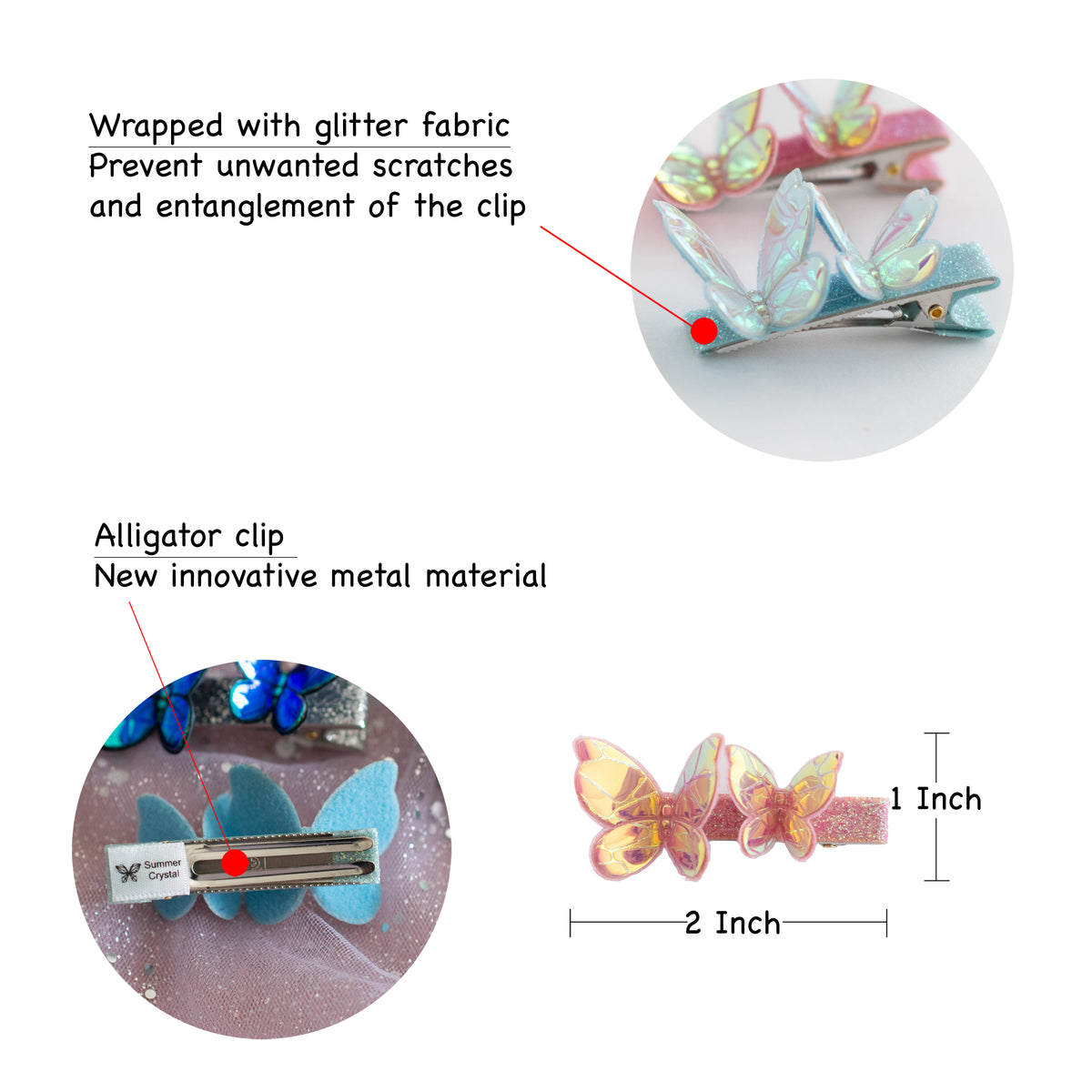 4pk Girls' 2“ 3D Glossy Holographic Butterfly Hair Clips - Summer Crystal®