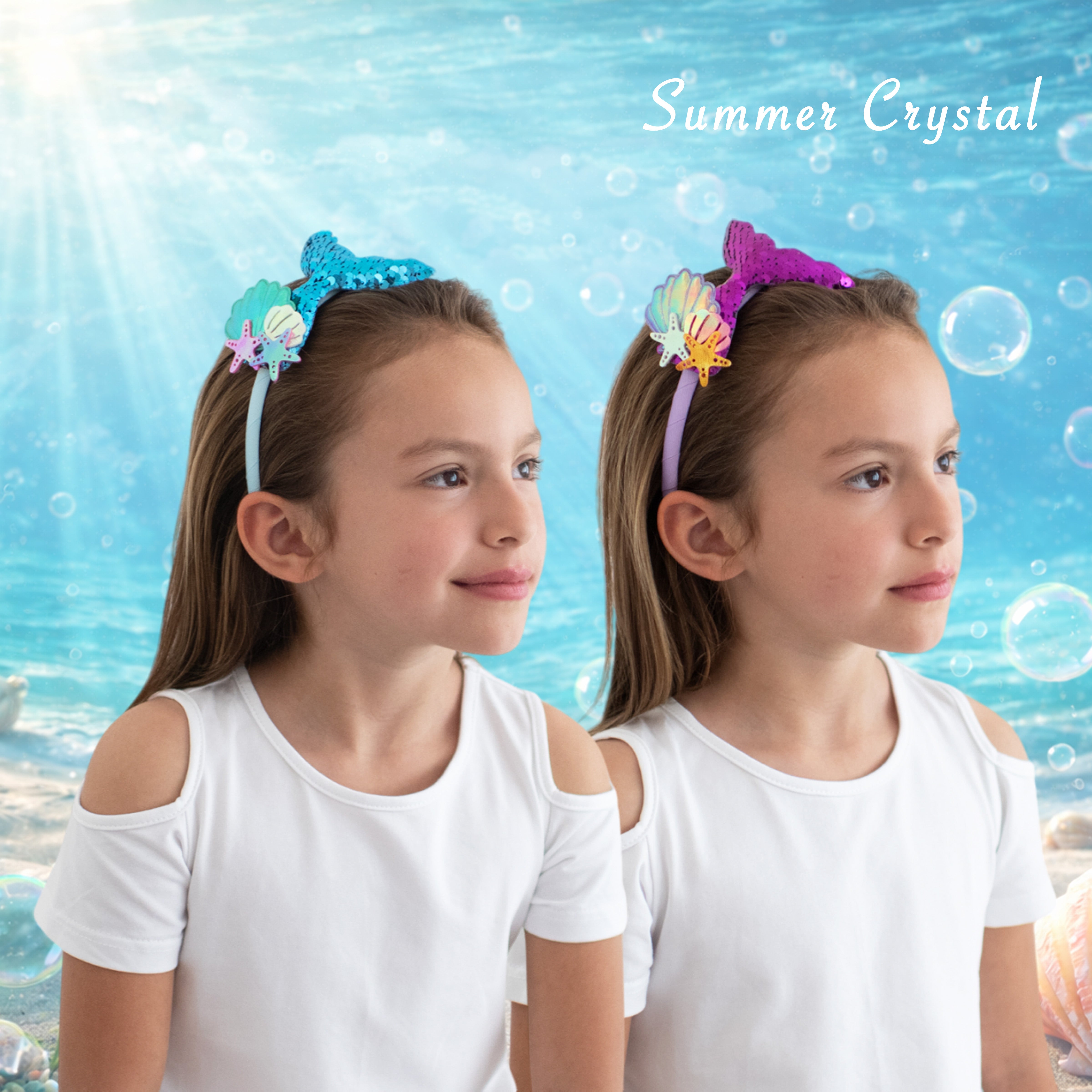 Summer Crystal - Sequin Mermaid Tail with Starry Shell Headband - 1 Pack