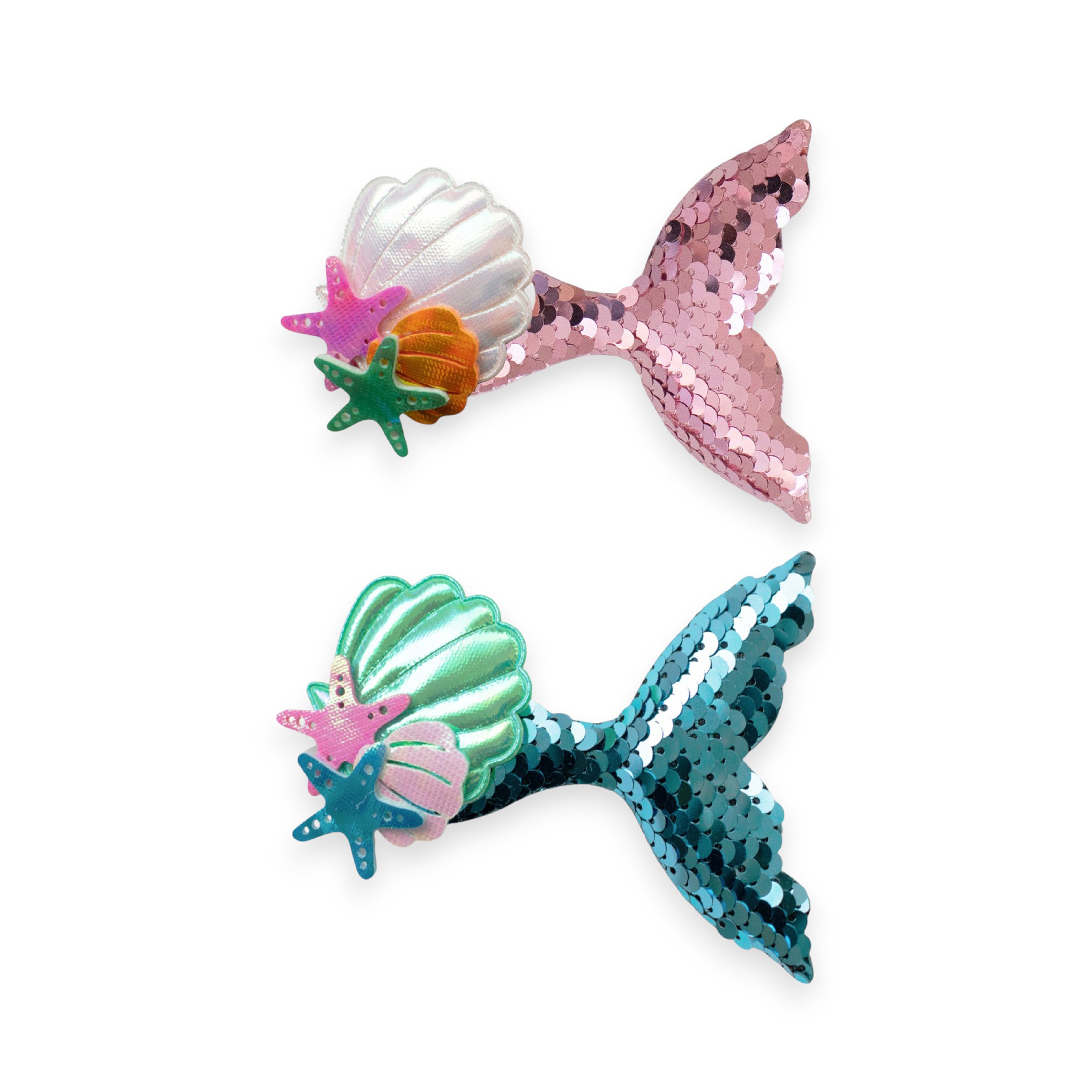 Girls' Sparkly Glitter Sequin Mermaid Tail with Starry Shell Hair Clip