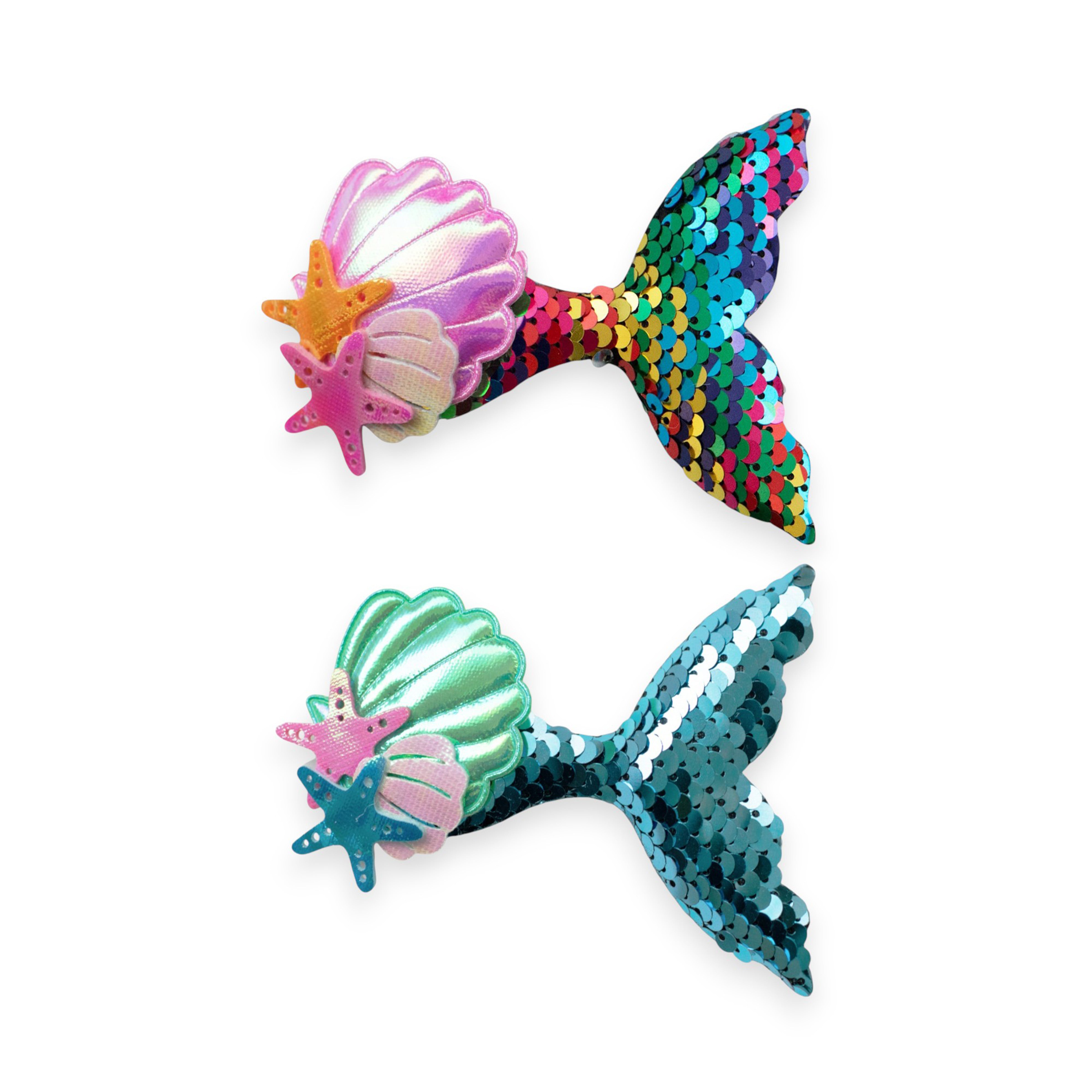 Girls' Sparkly Glitter Sequin Mermaid Tail with Starry Shell Hair Clip