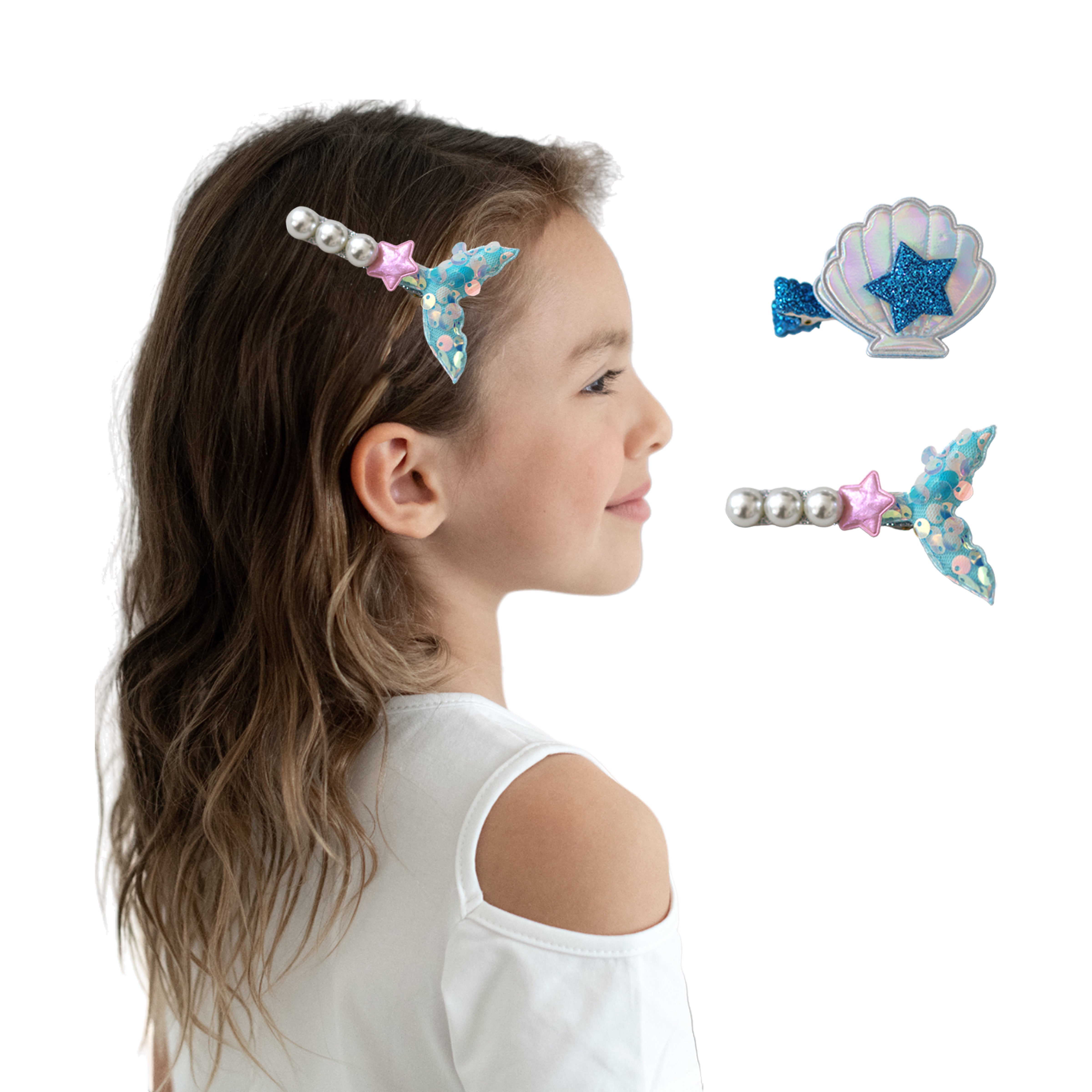 Girls' 2pk Glitter Sequin Mermaid Tail &amp; Pearl Seashell Hair Clip Set
