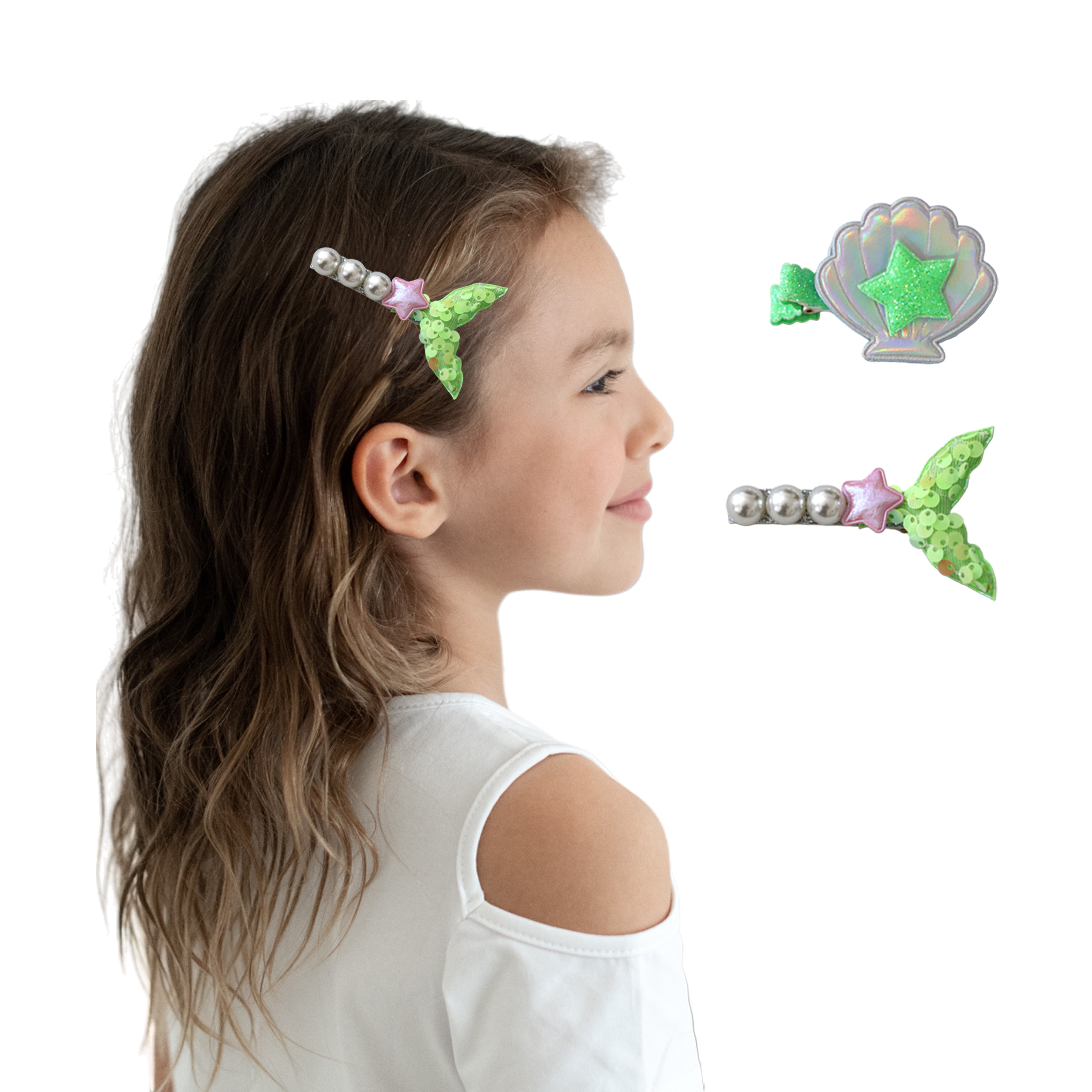 Girls' 2pk Glitter Sequin Mermaid Tail &amp; Pearl Seashell Hair Clip Set