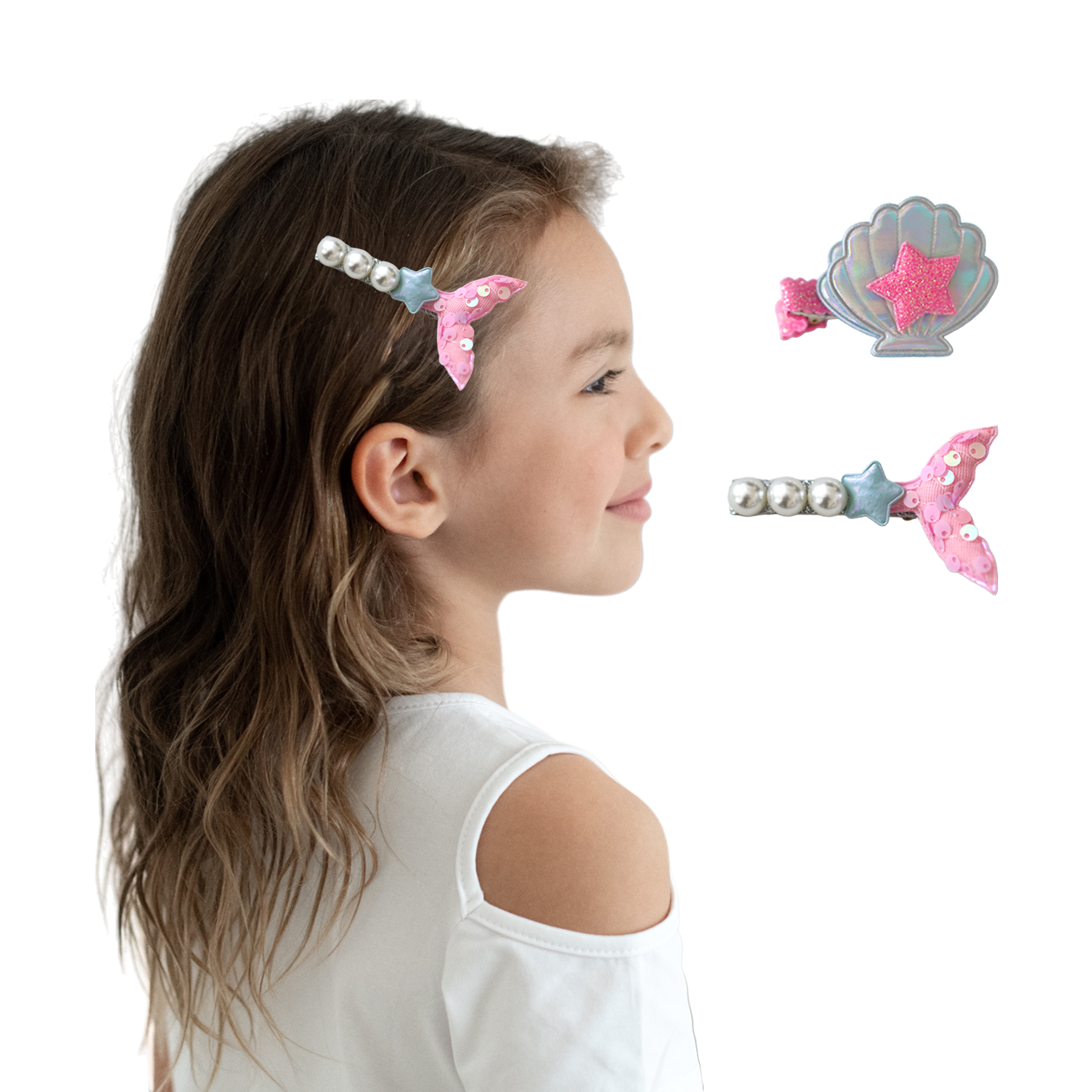 Girls' 2pk Glitter Sequin Mermaid Tail &amp; Pearl Seashell Hair Clip Set