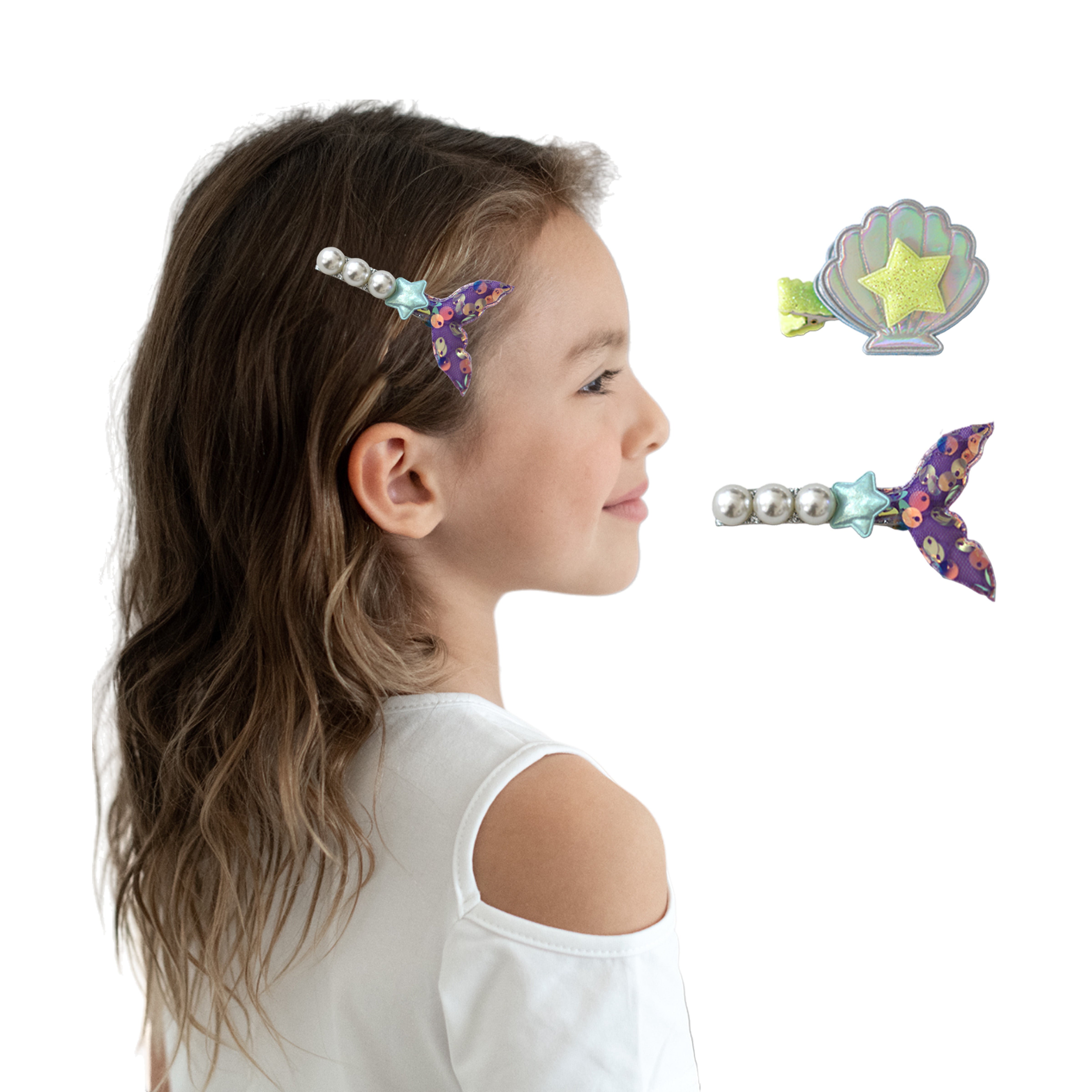 Girls' 2pk Glitter Sequin Mermaid Tail &amp; Pearl Seashell Hair Clip Set