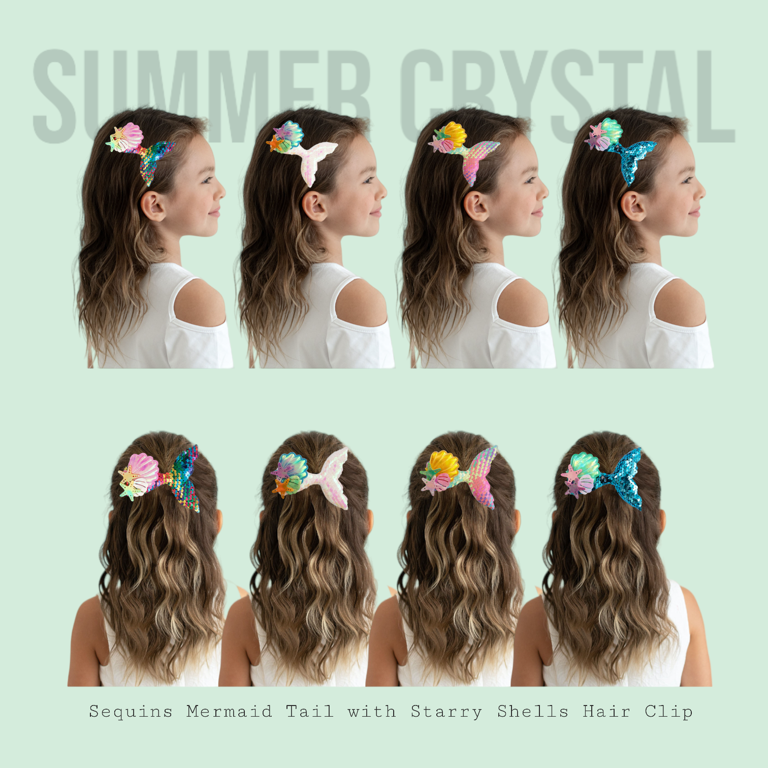 Summer Crystal Sparkling Sequins Mermaid Tail with Starry Shell Hair Clip