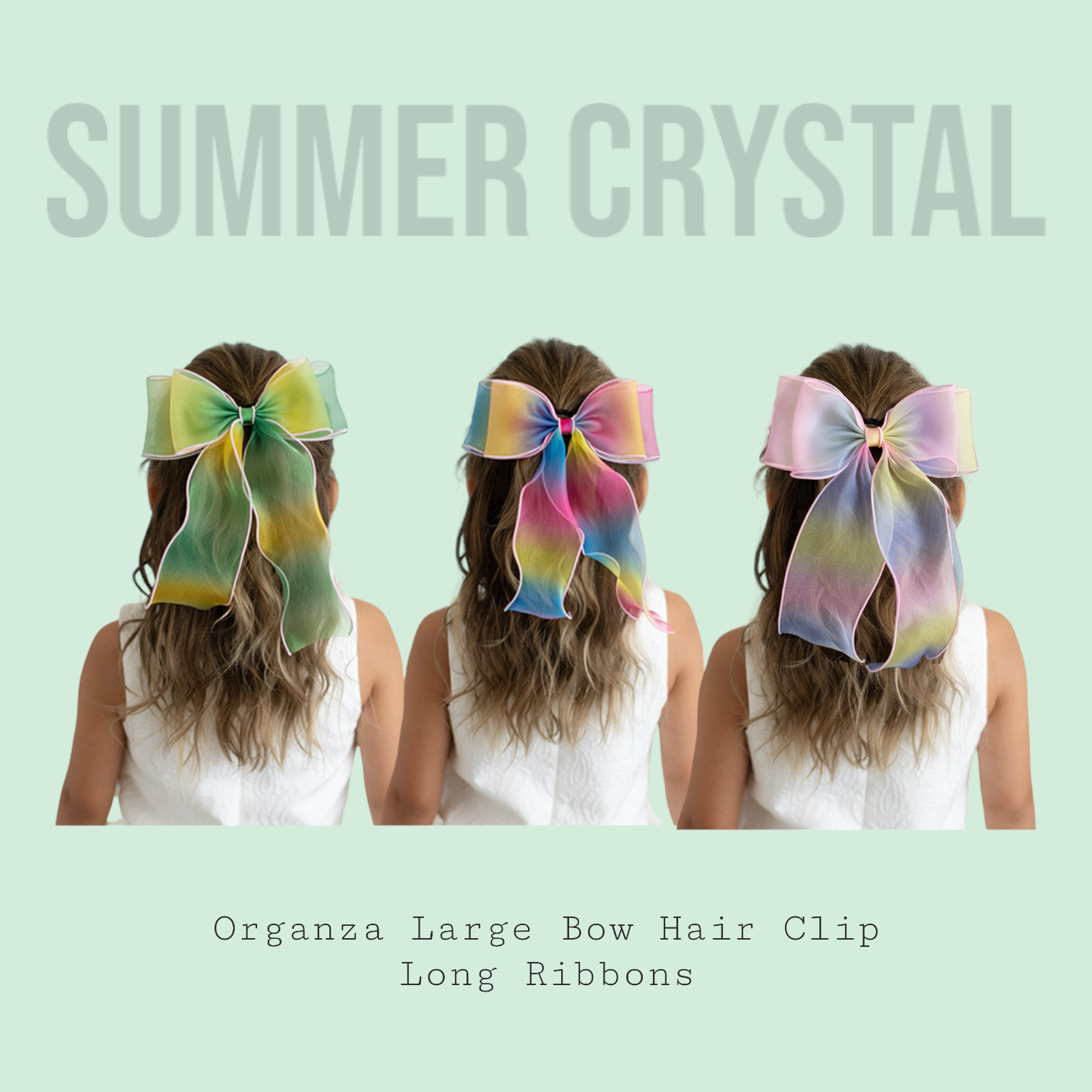 Summer Crystal Organza Large Bow Hair Clip - Long Ribbons