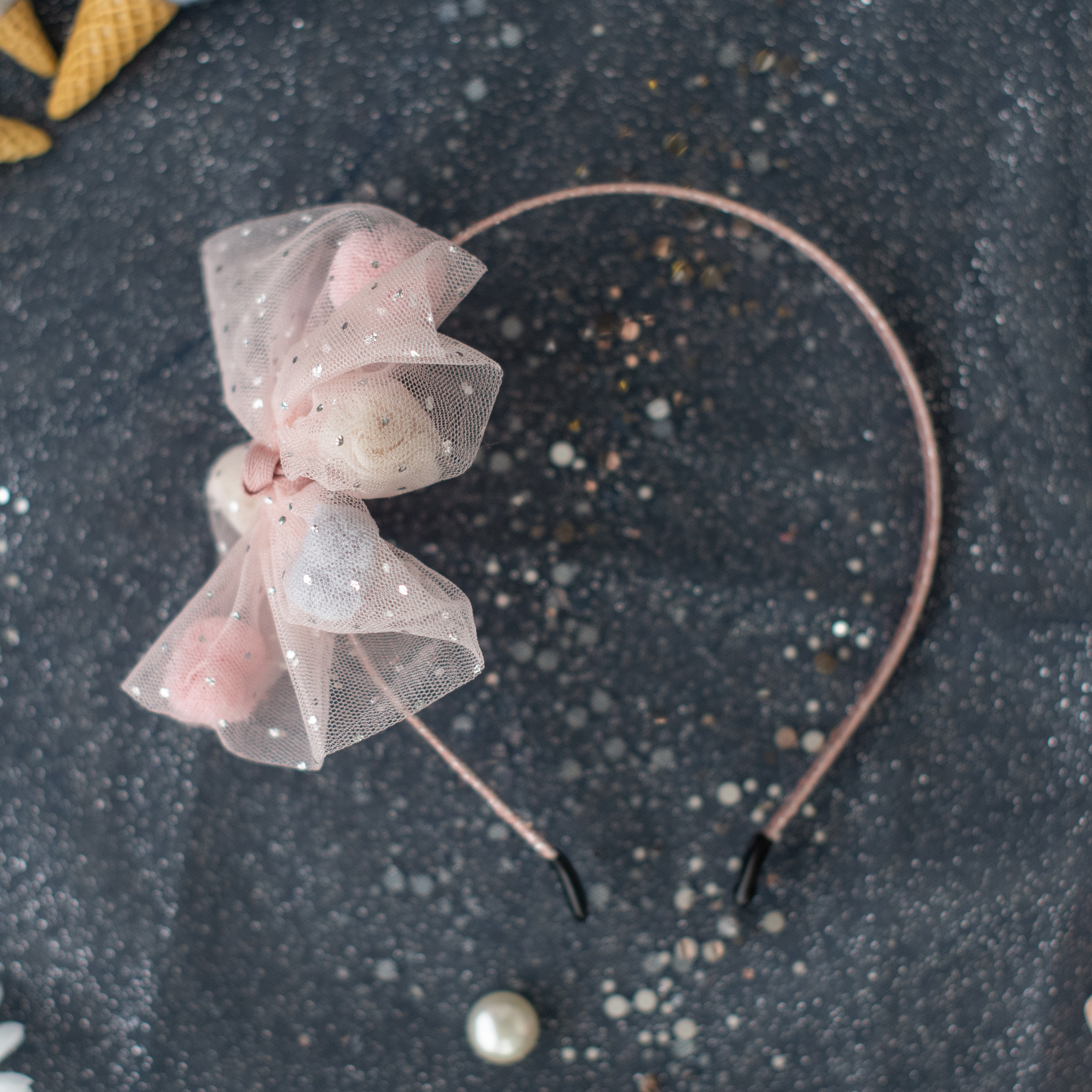 Girls' Tulle Mesh Pompoms Bow Headband