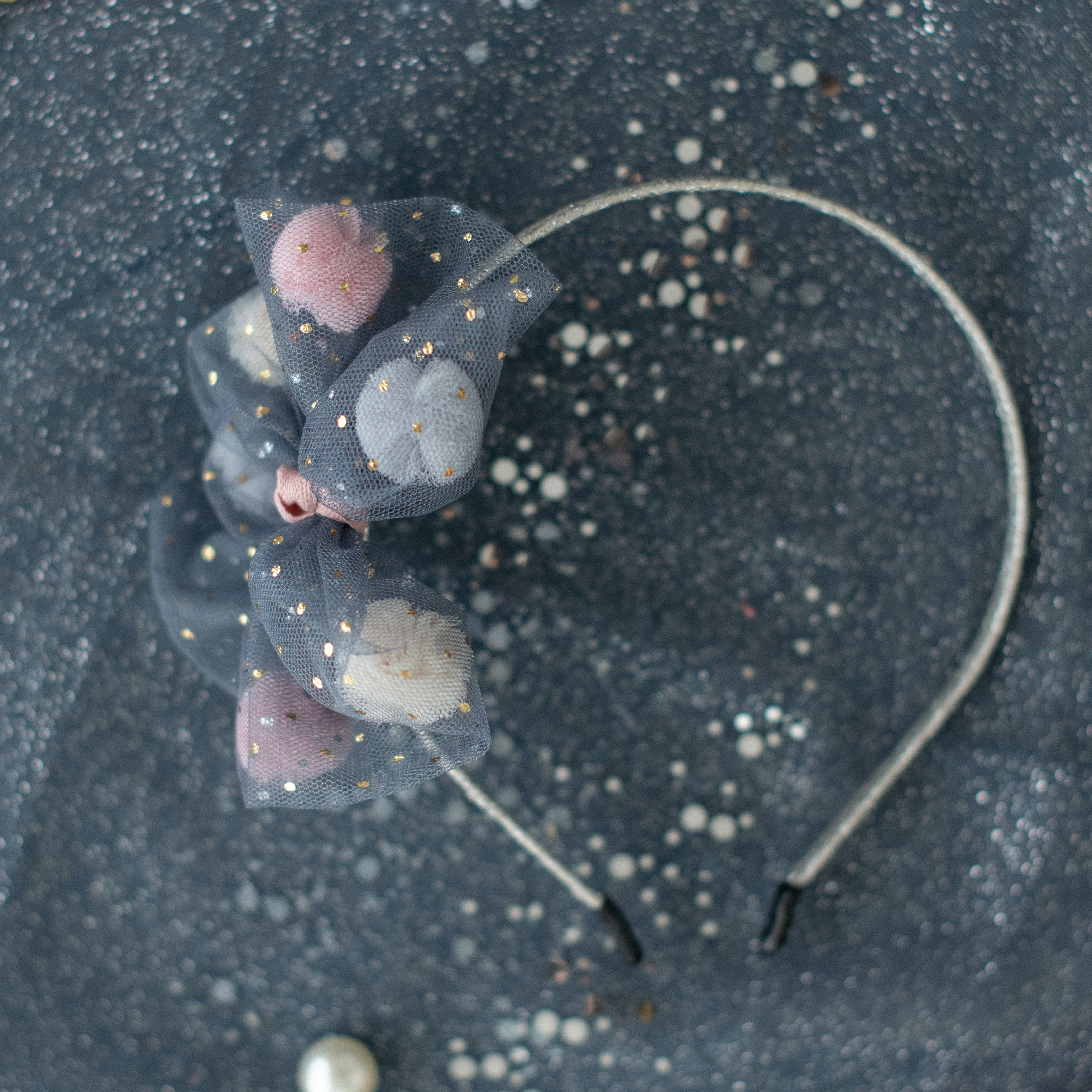 Girls' Tulle Mesh Pompoms Bow Headband