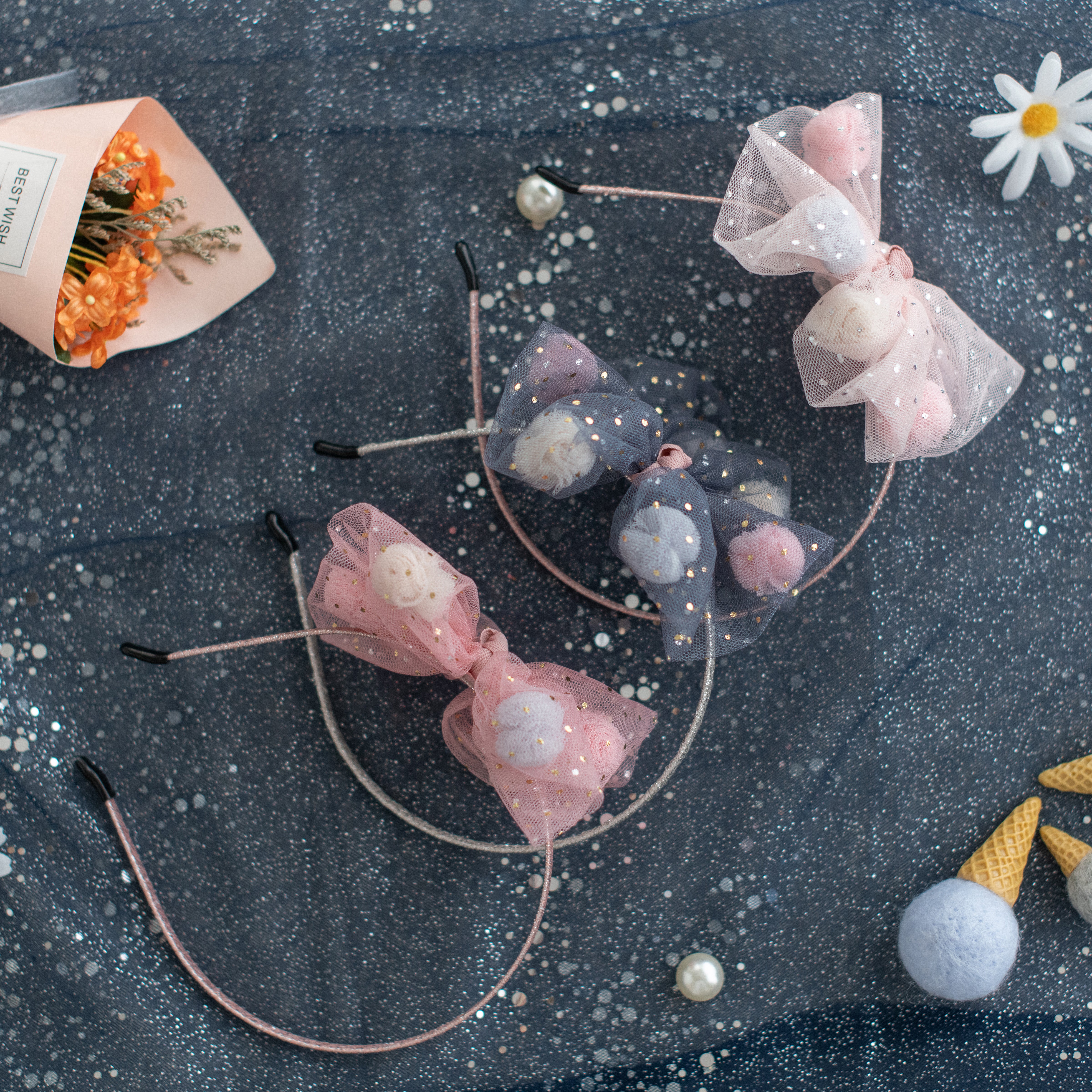 Girls' Tulle Mesh Pompoms Bow Headband