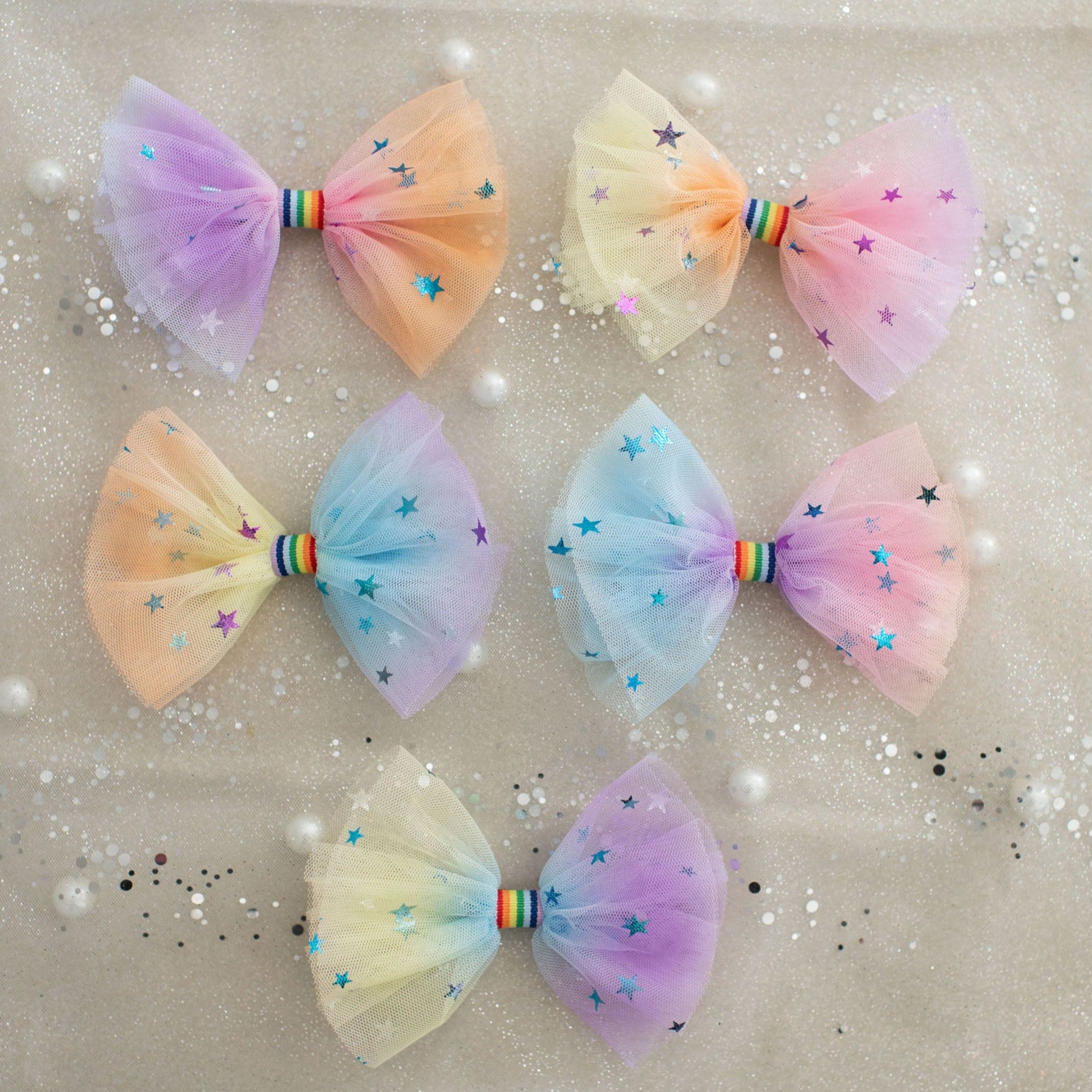 Summer Crystal 2 Rainbow Tulle Large Bow Hair Clips For Girls and Women
