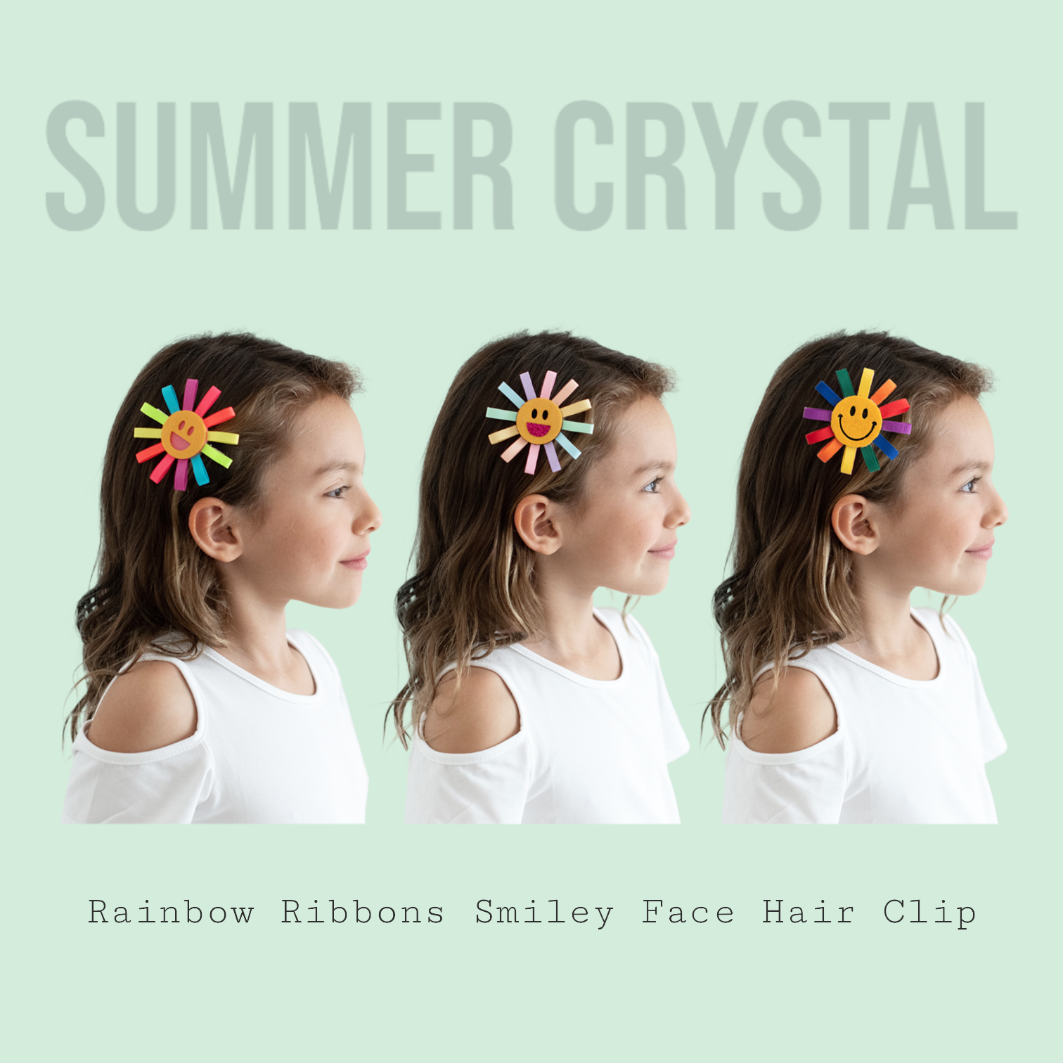 Summer Crystal Rainbow Ribbons Smiley Face Hair Clip For Girls