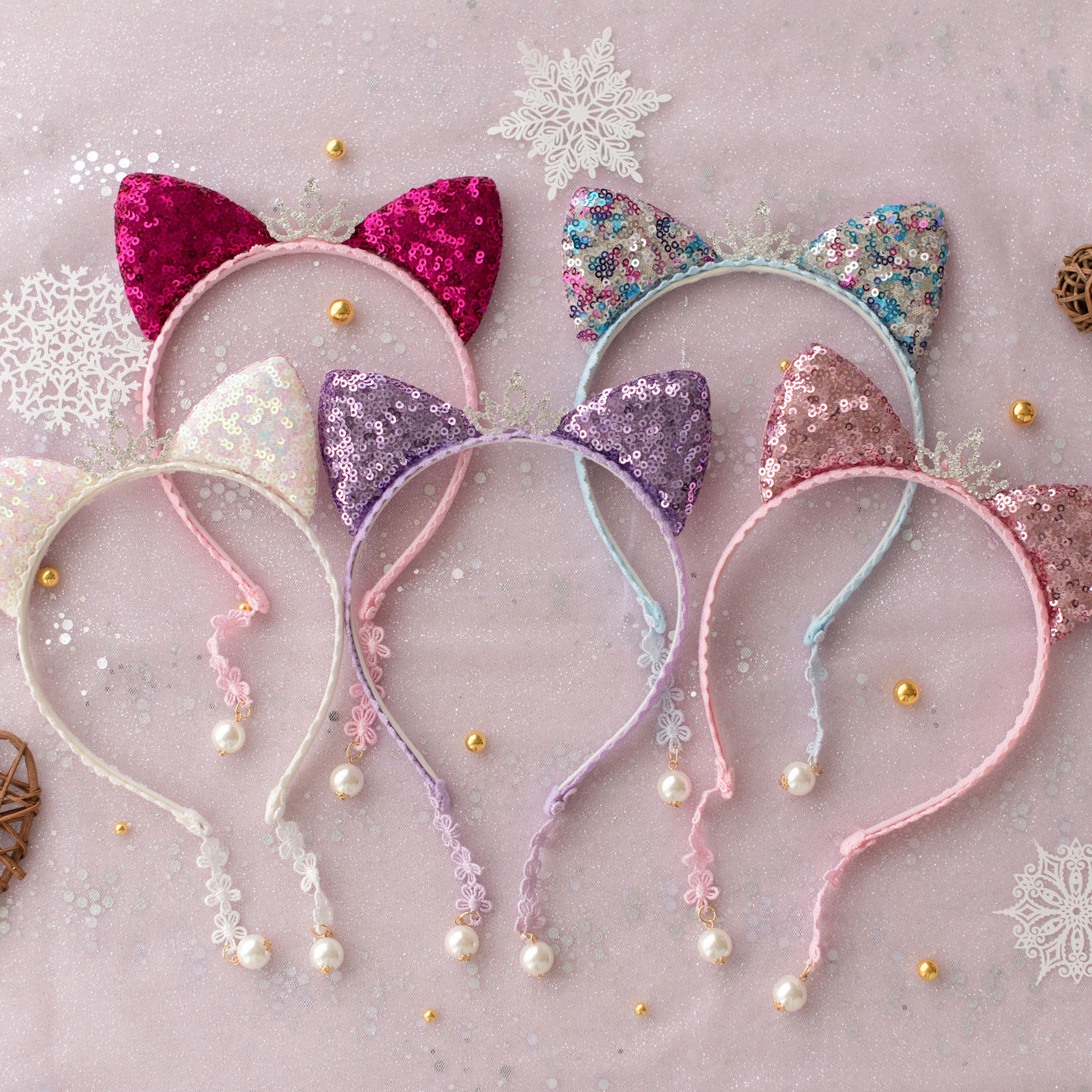 Summer Crystal Small Sequin Cat Ears Headband with Pearl Earring Pendants