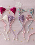 Summer Crystal Small Sequin Cat Ears Headband with Pearl Earring Pendants
