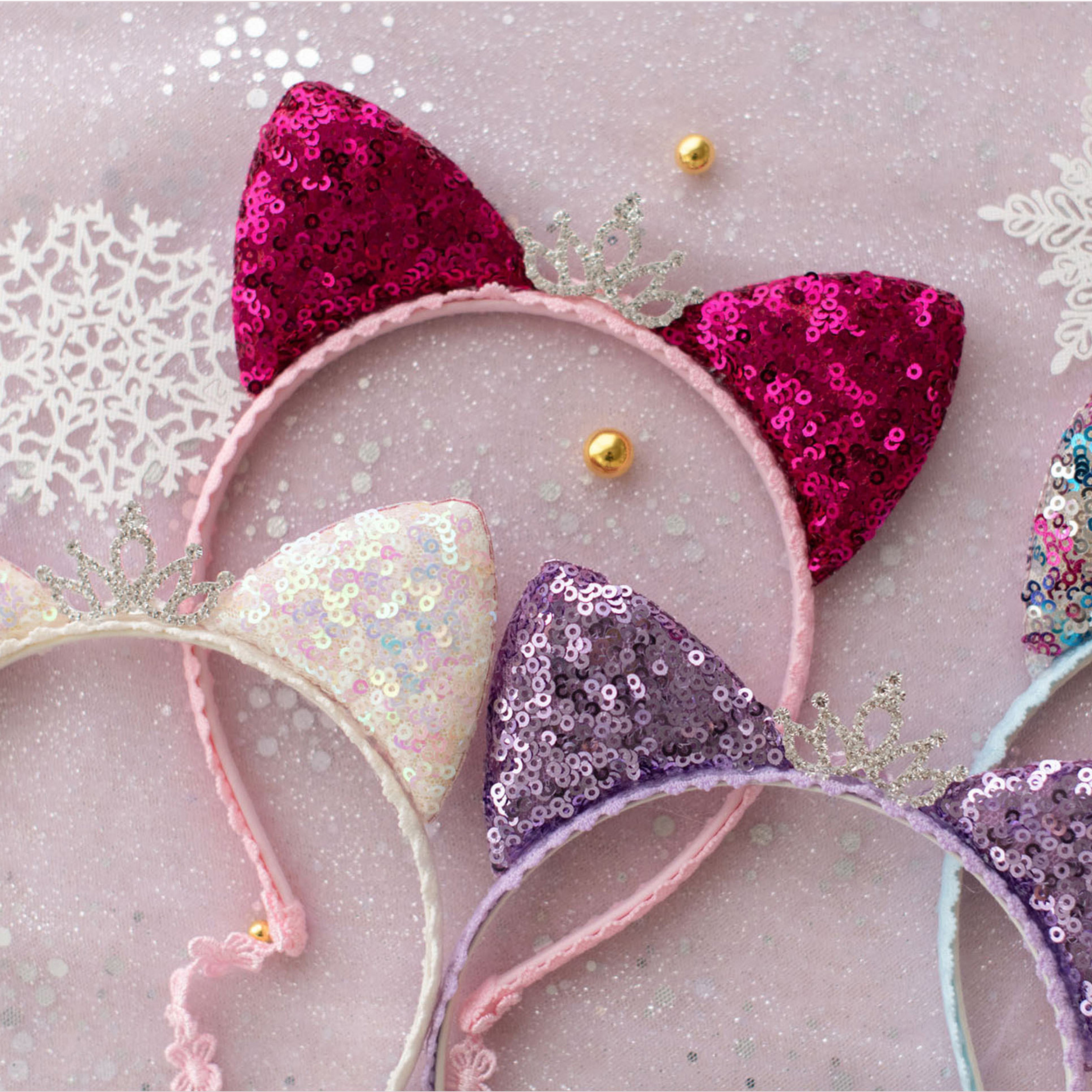 Summer Crystal Small Sequin Cat Ears Headband with Pearl Earring Pendants