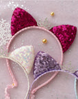 Summer Crystal Small Sequin Cat Ears Headband with Pearl Earring Pendants