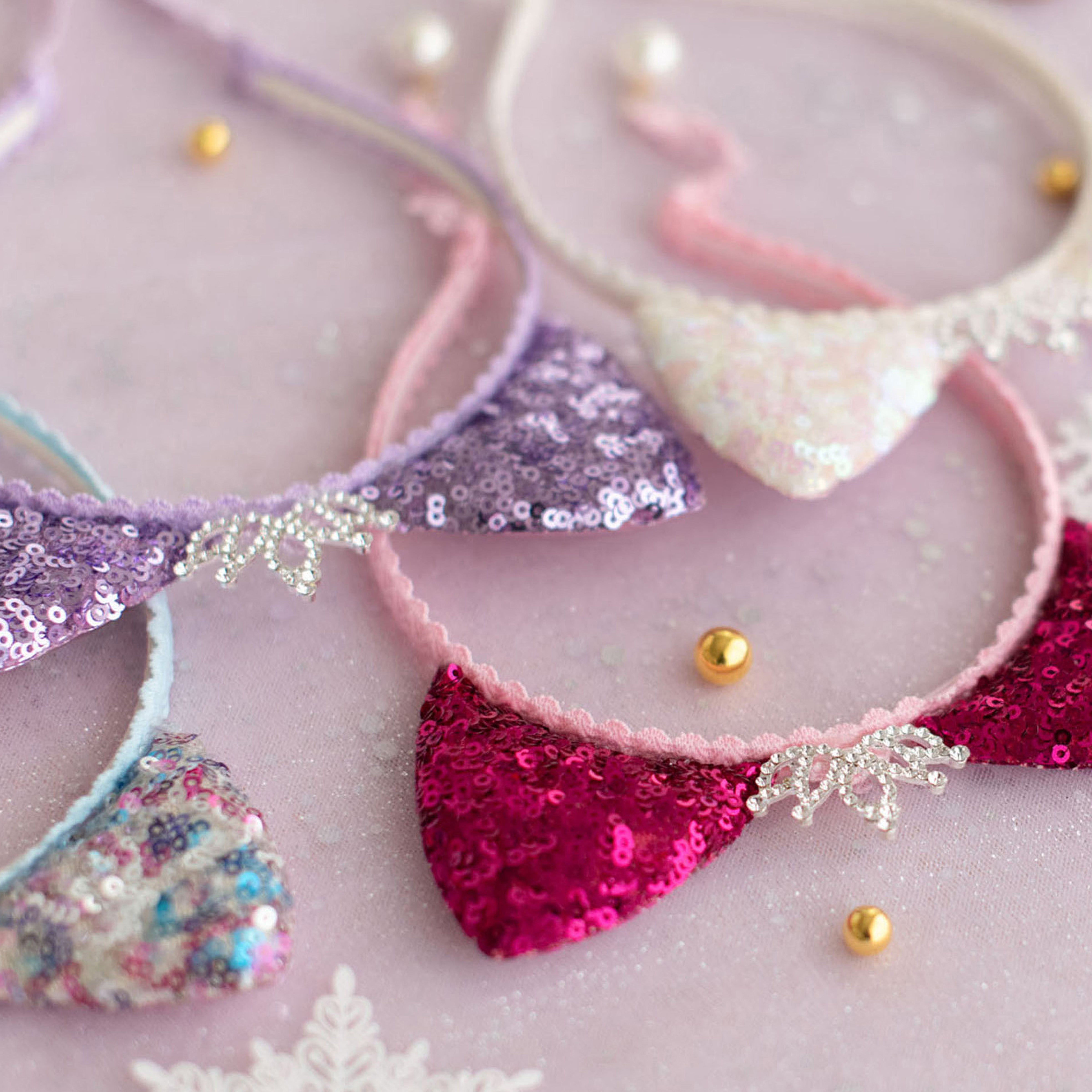 Summer Crystal Small Sequin Cat Ears Headband with Pearl Earring Pendants