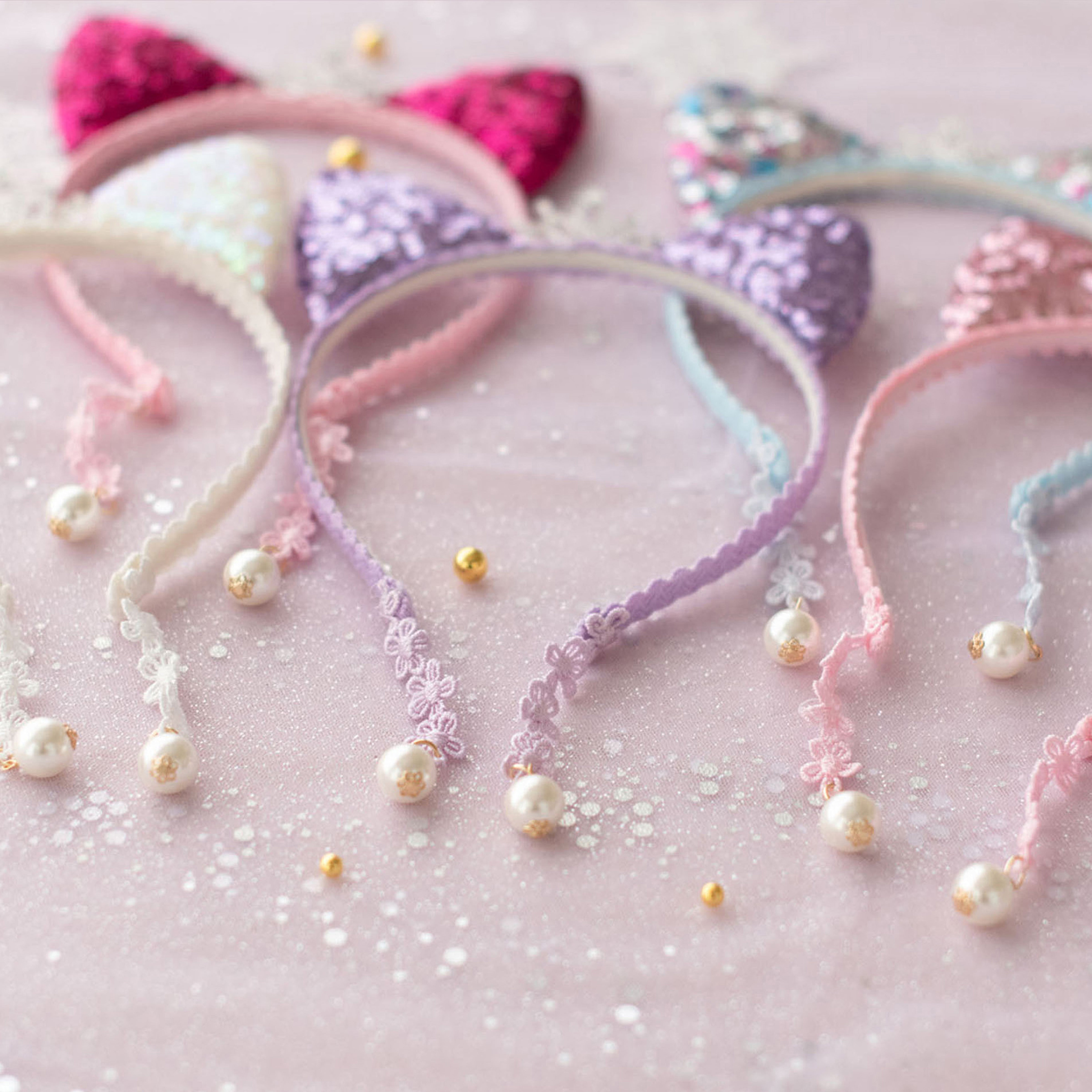 Summer Crystal Small Sequin Cat Ears Headband with Pearl Earring Pendants