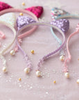Summer Crystal Small Sequin Cat Ears Headband with Pearl Earring Pendants