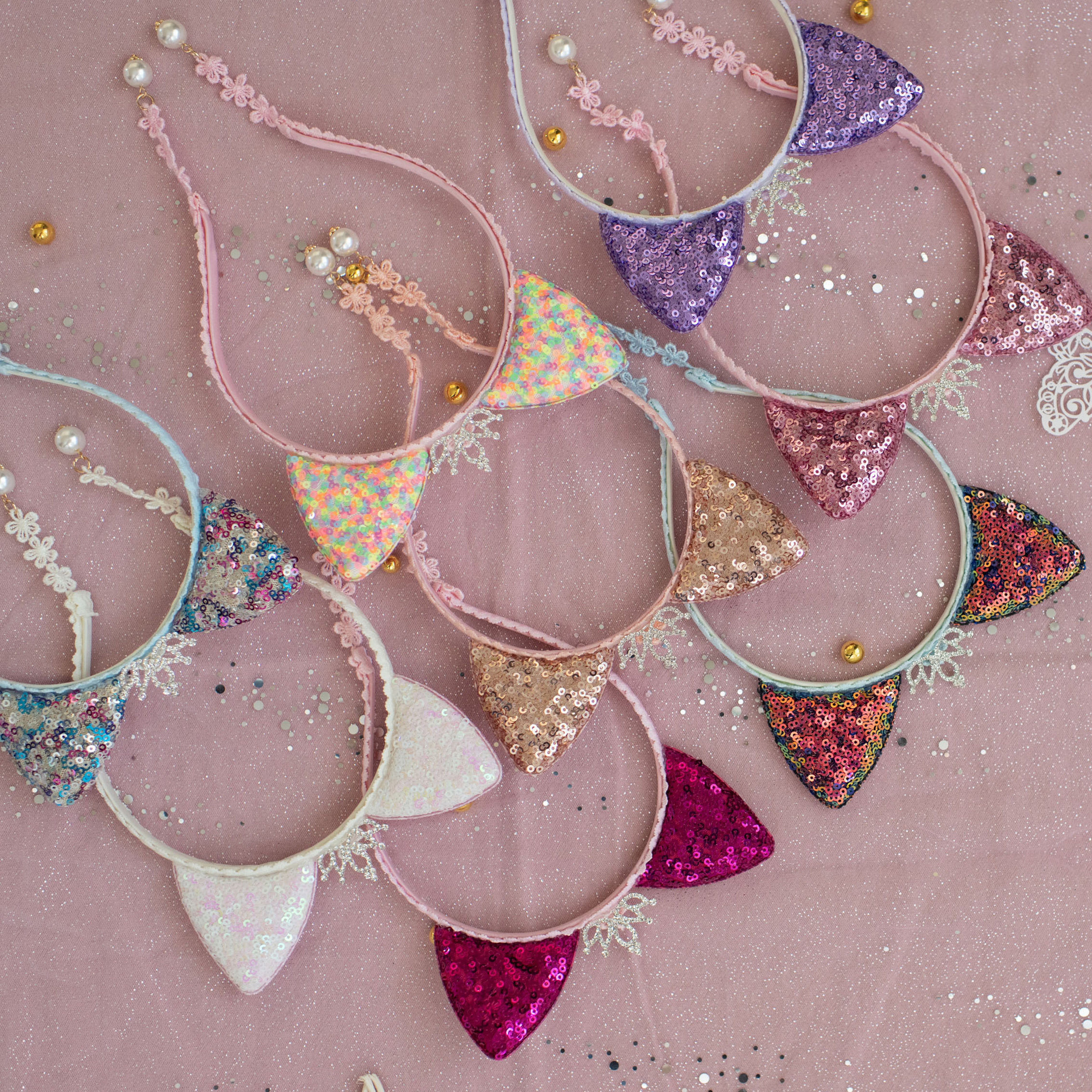 Summer Crystal Small Sequin Cat Ears Headband with Pearl Earring Pendants