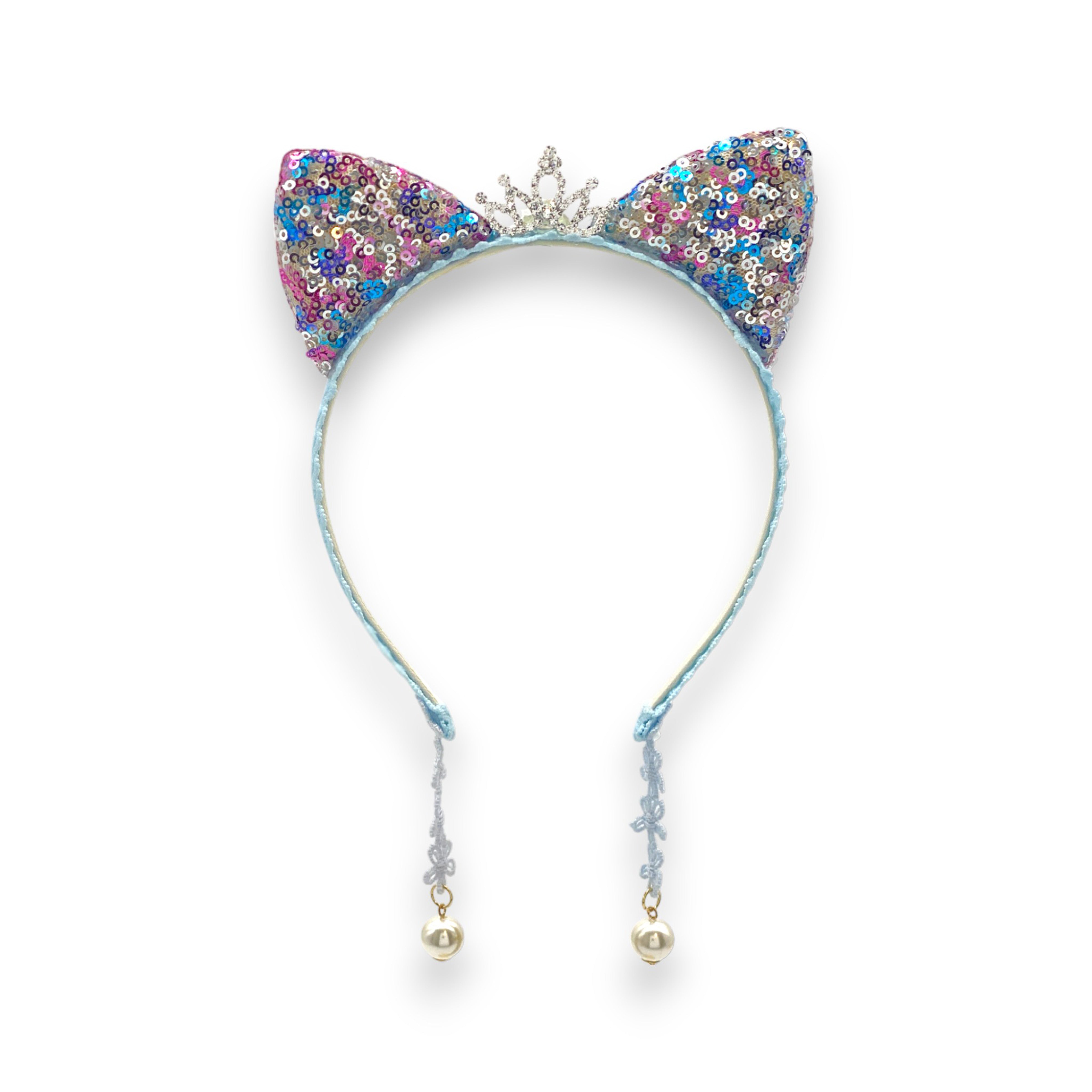 Summer Crystal Small Sequin Cat Ears Headband with Pearl Earring Pendants