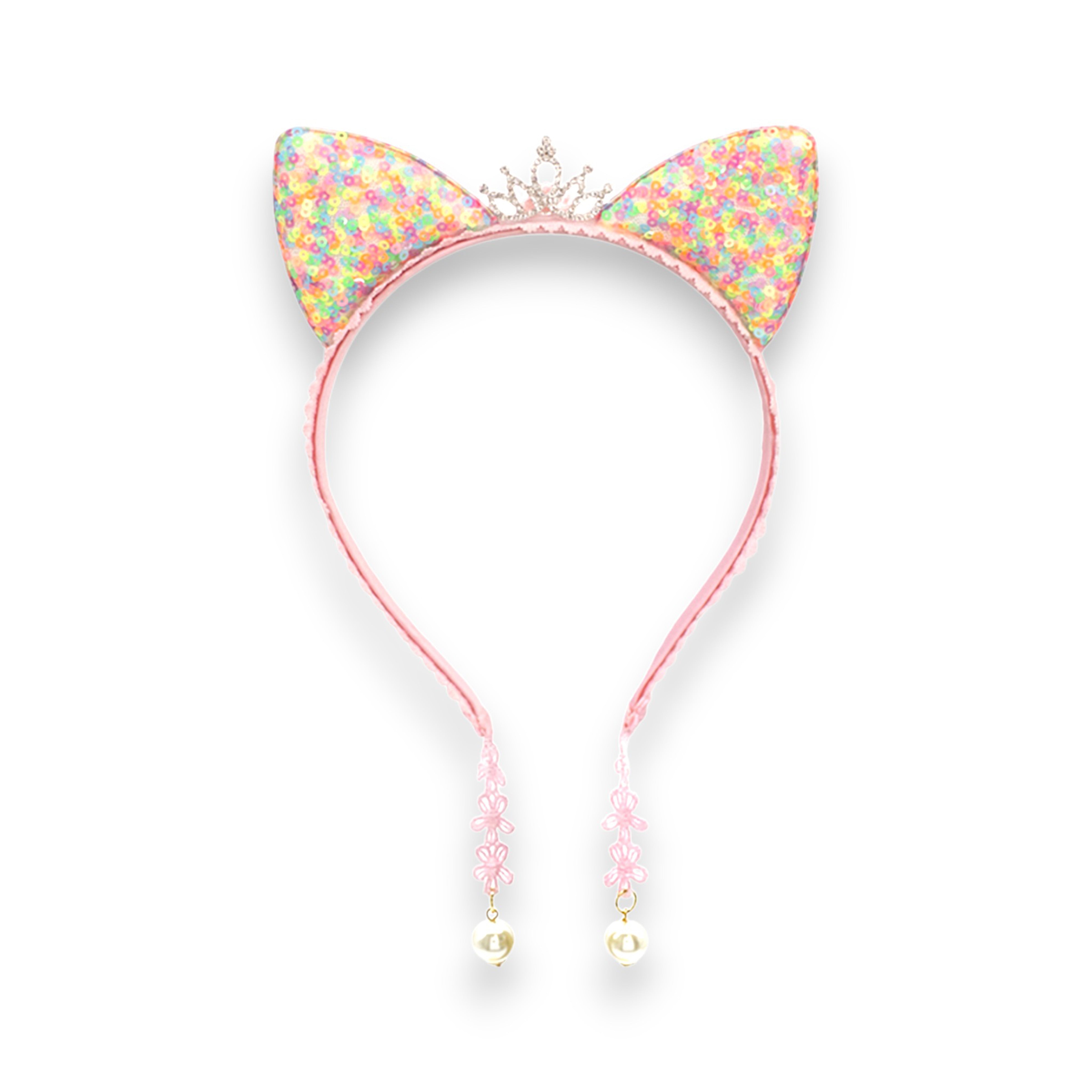 Summer Crystal Small Sequin Cat Ears Headband with Pearl Earring Pendants