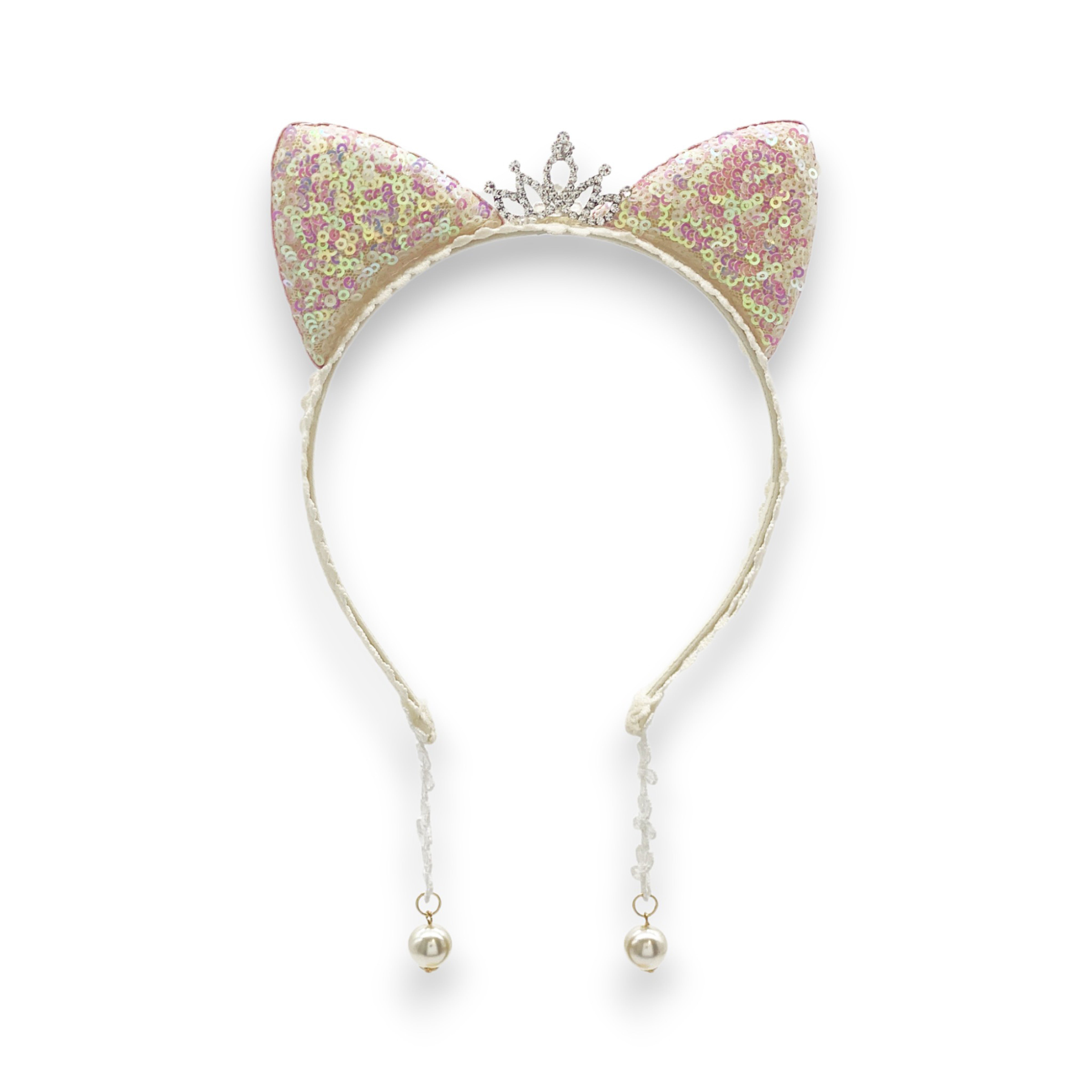 Summer Crystal Small Sequin Cat Ears Headband with Pearl Earring Pendants