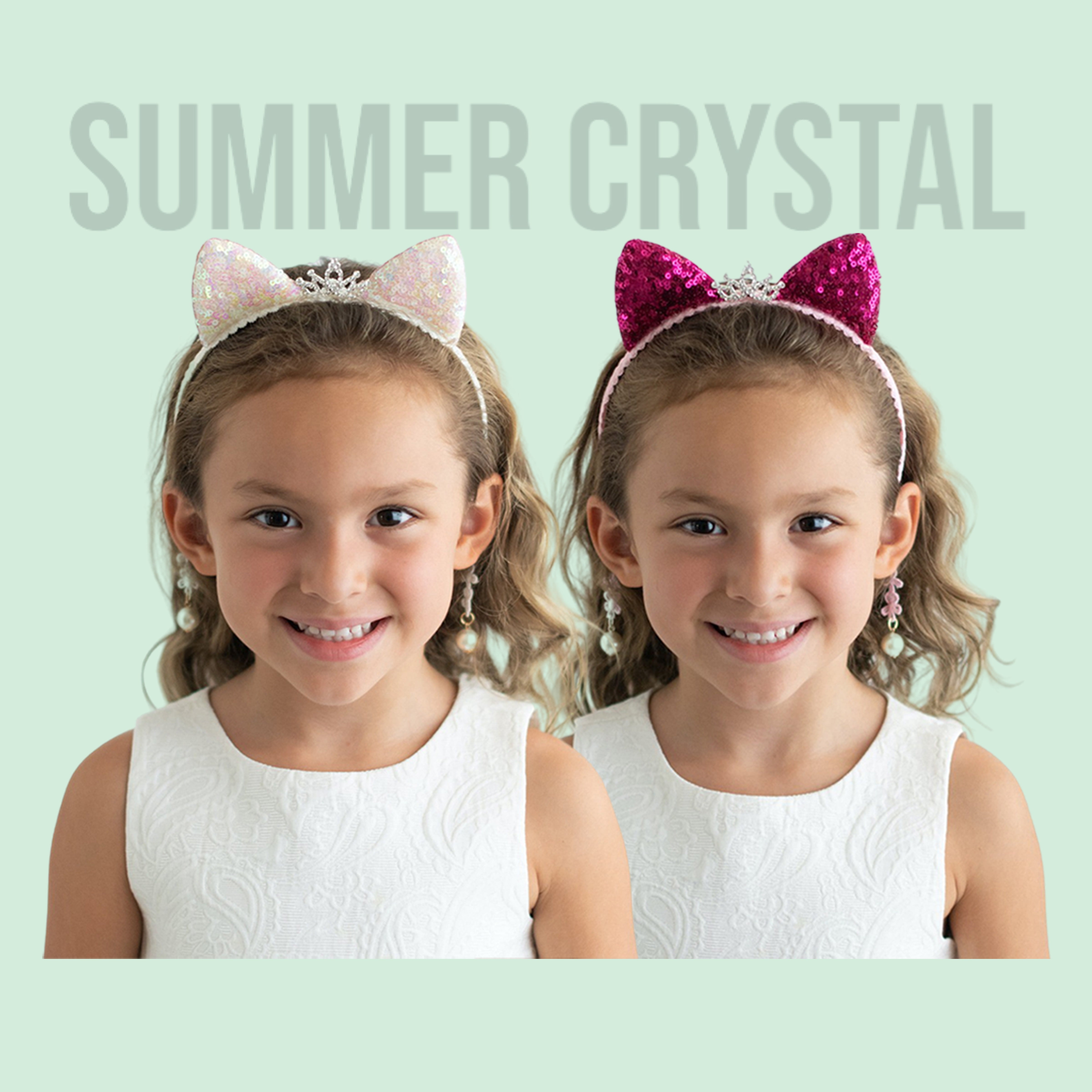 Summer Crystal Small Sequin Cat Ears Headband with Pearl Earring Pendants