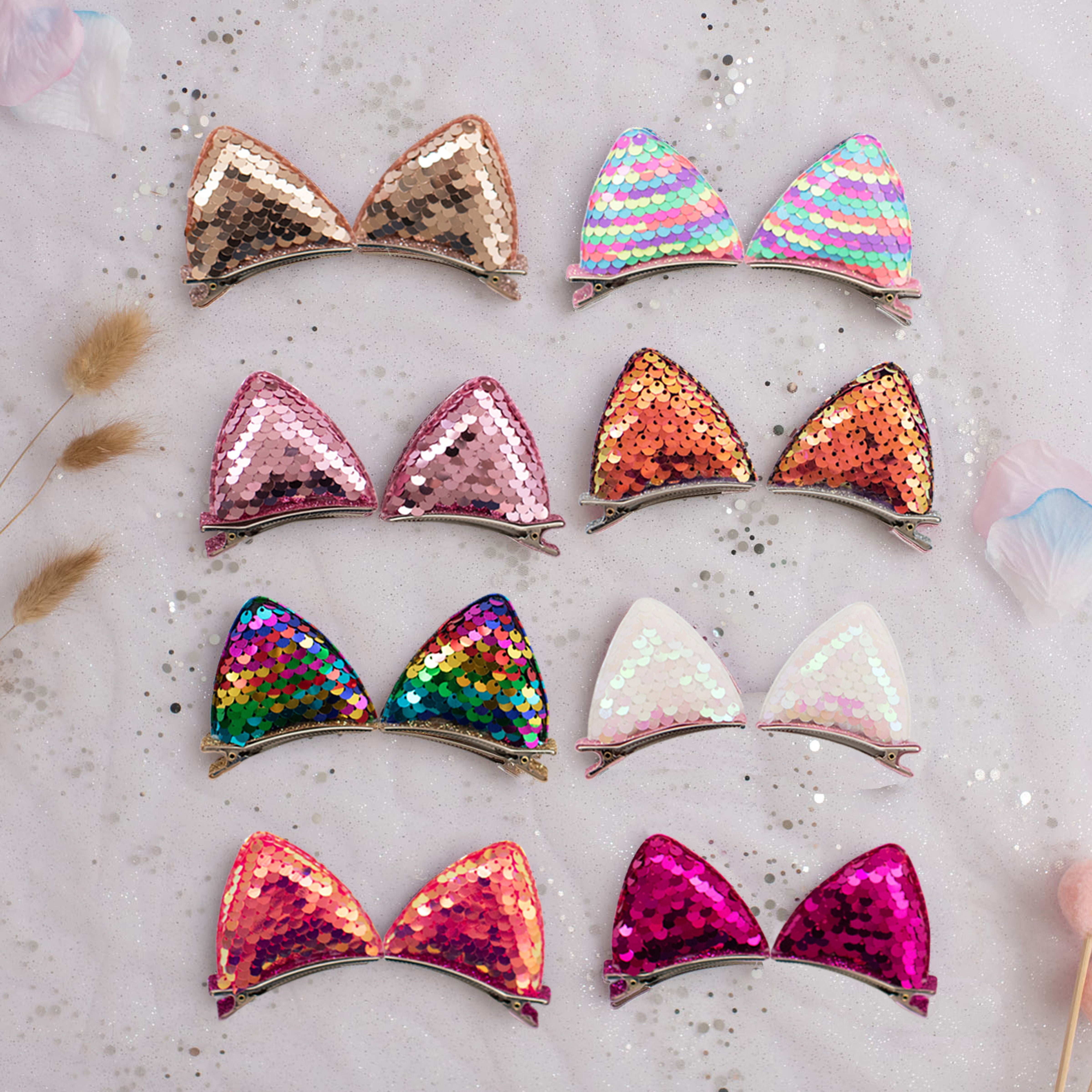 Summer Crystal - Large Sequin Cat Ears Hair Clips - 1 Pair
