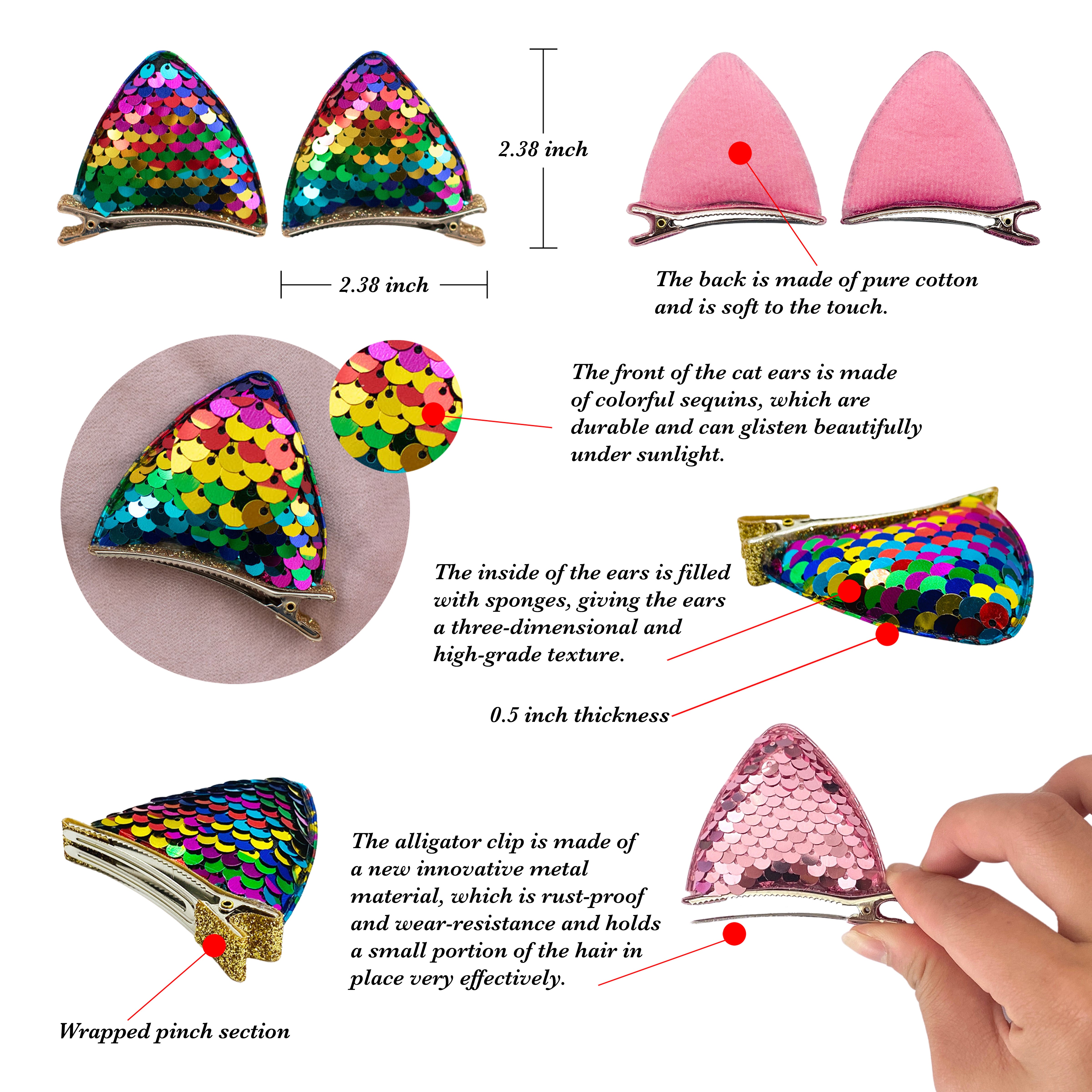 Summer Crystal - Large Sequin Cat Ears Hair Clips - 1 Pair