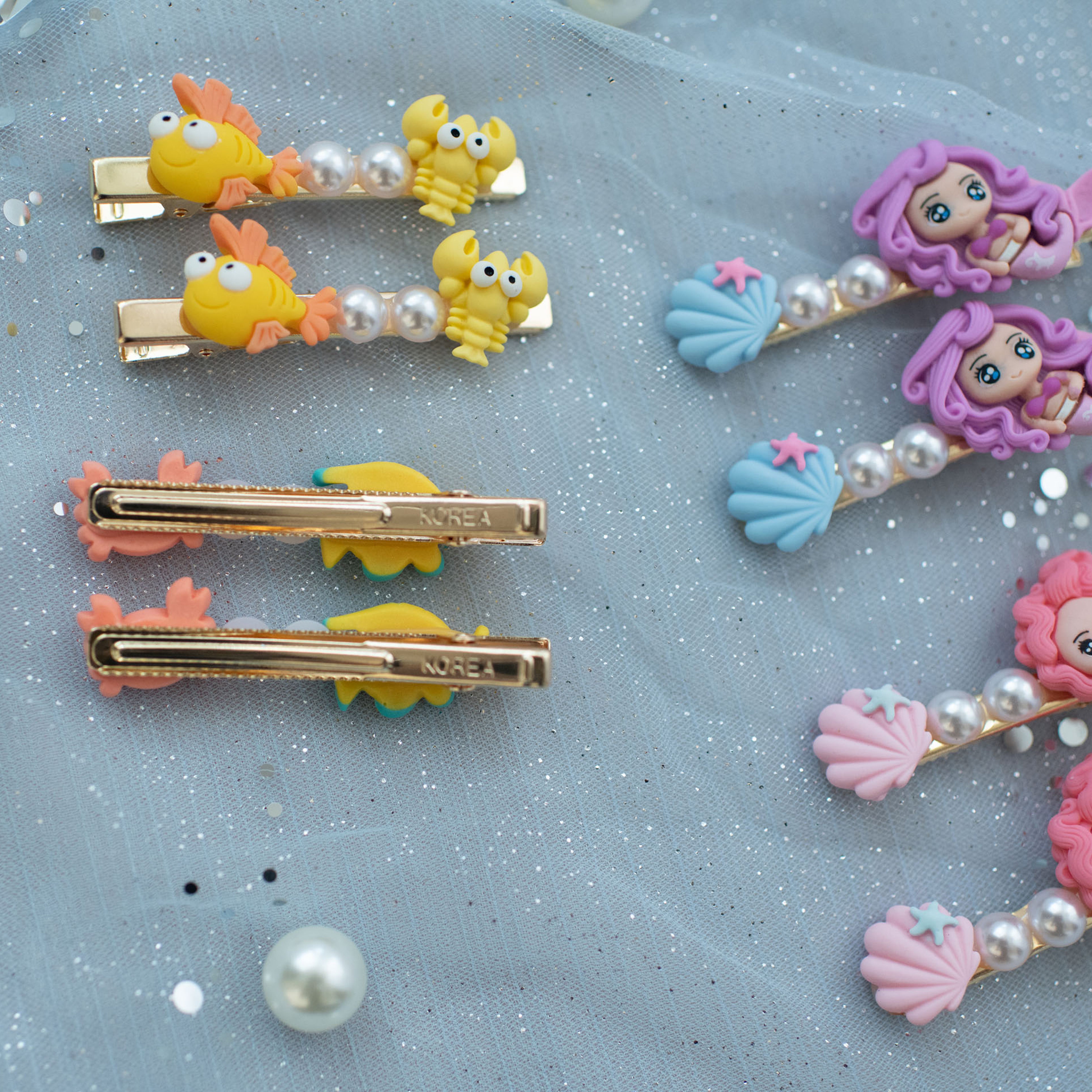 Summer Crystal - Pearls Mermaid Sea Life Hair Clips - 4 Pack