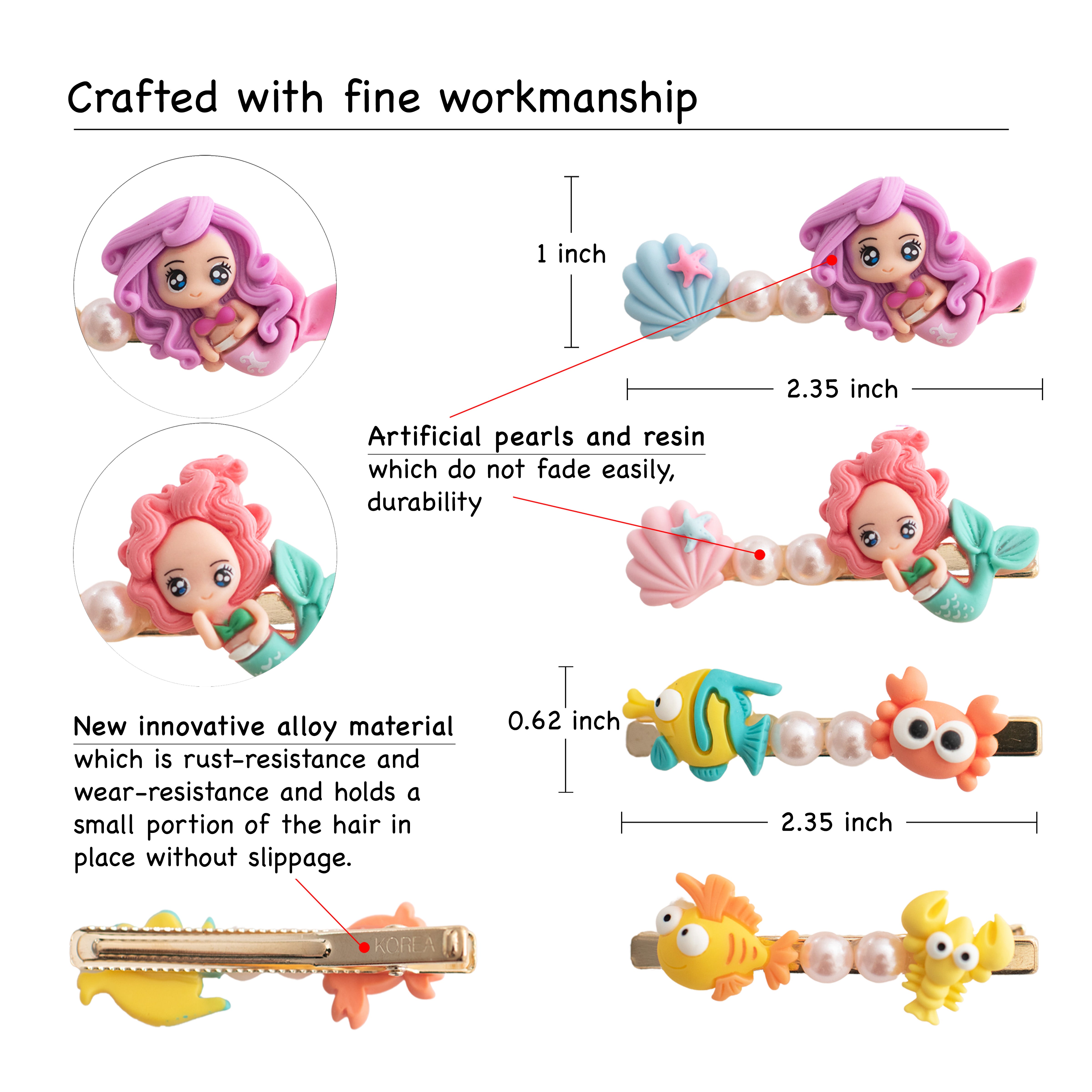 Summer Crystal - Pearls Mermaid Sea Life Hair Clips - 4 Pack