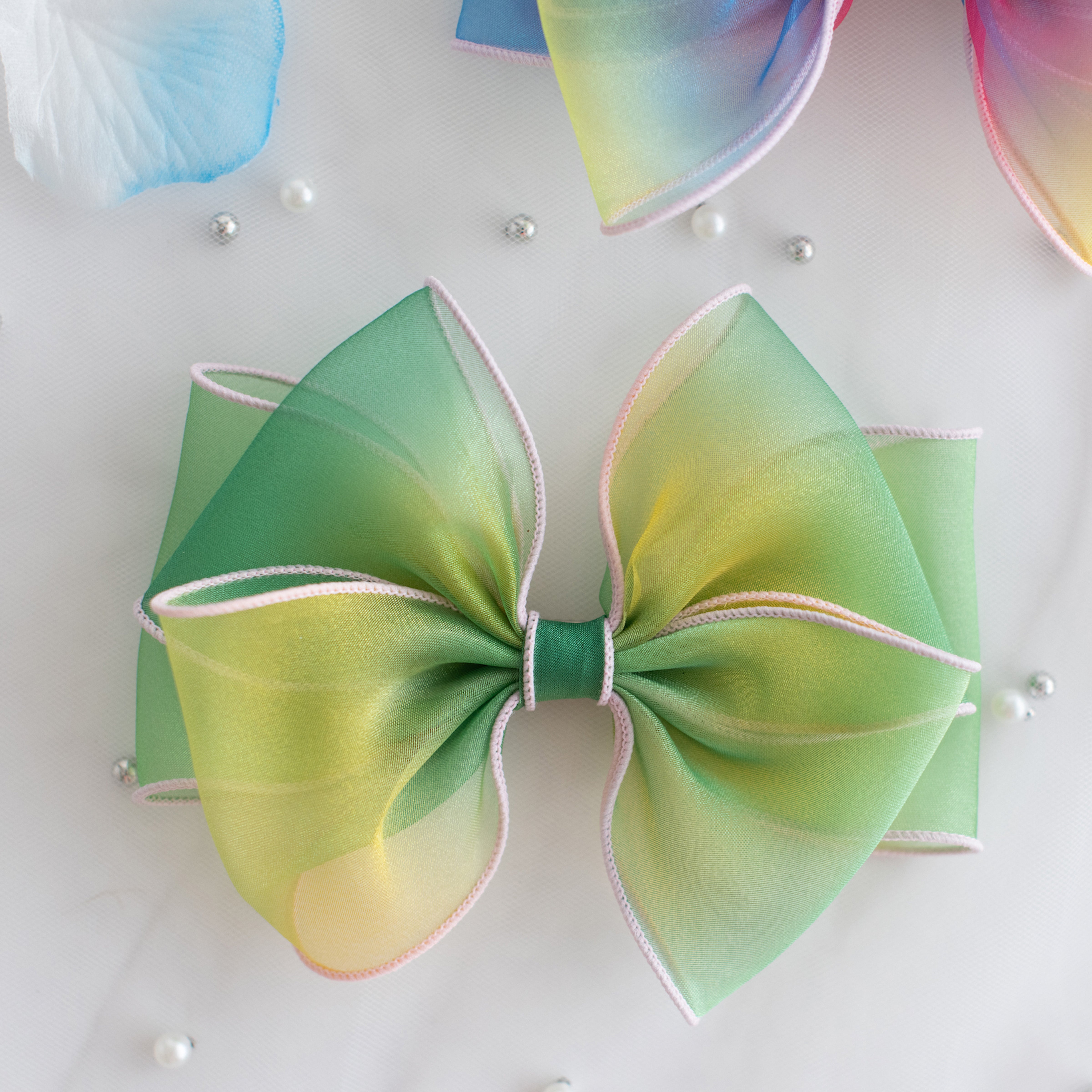 Summer Crystal - Organza Bow Hair Hair Clip with Long Flowing Ribbons - 1 Pack