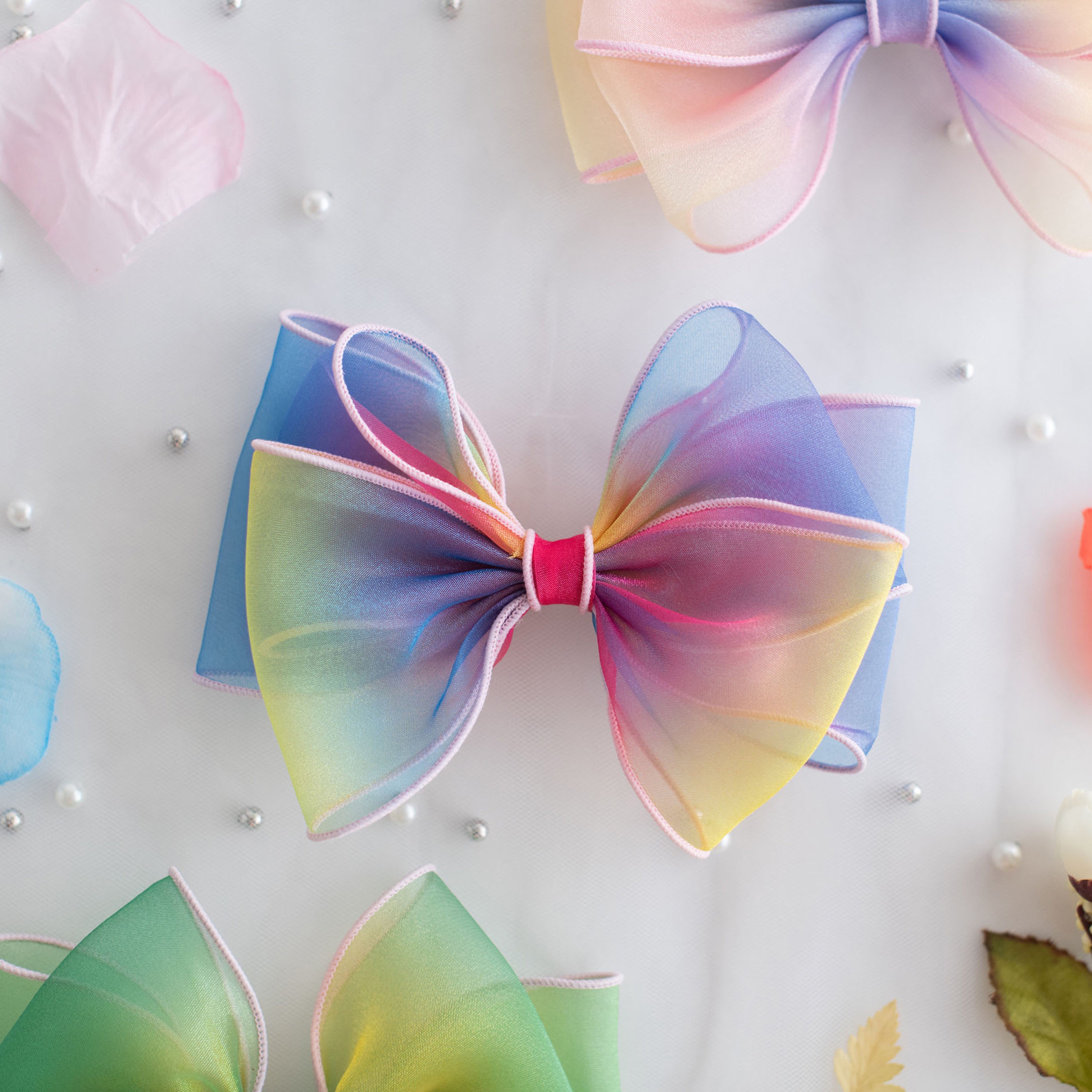 Summer Crystal - Organza Bow Hair Hair Clip with Long Flowing Ribbons - 1 Pack