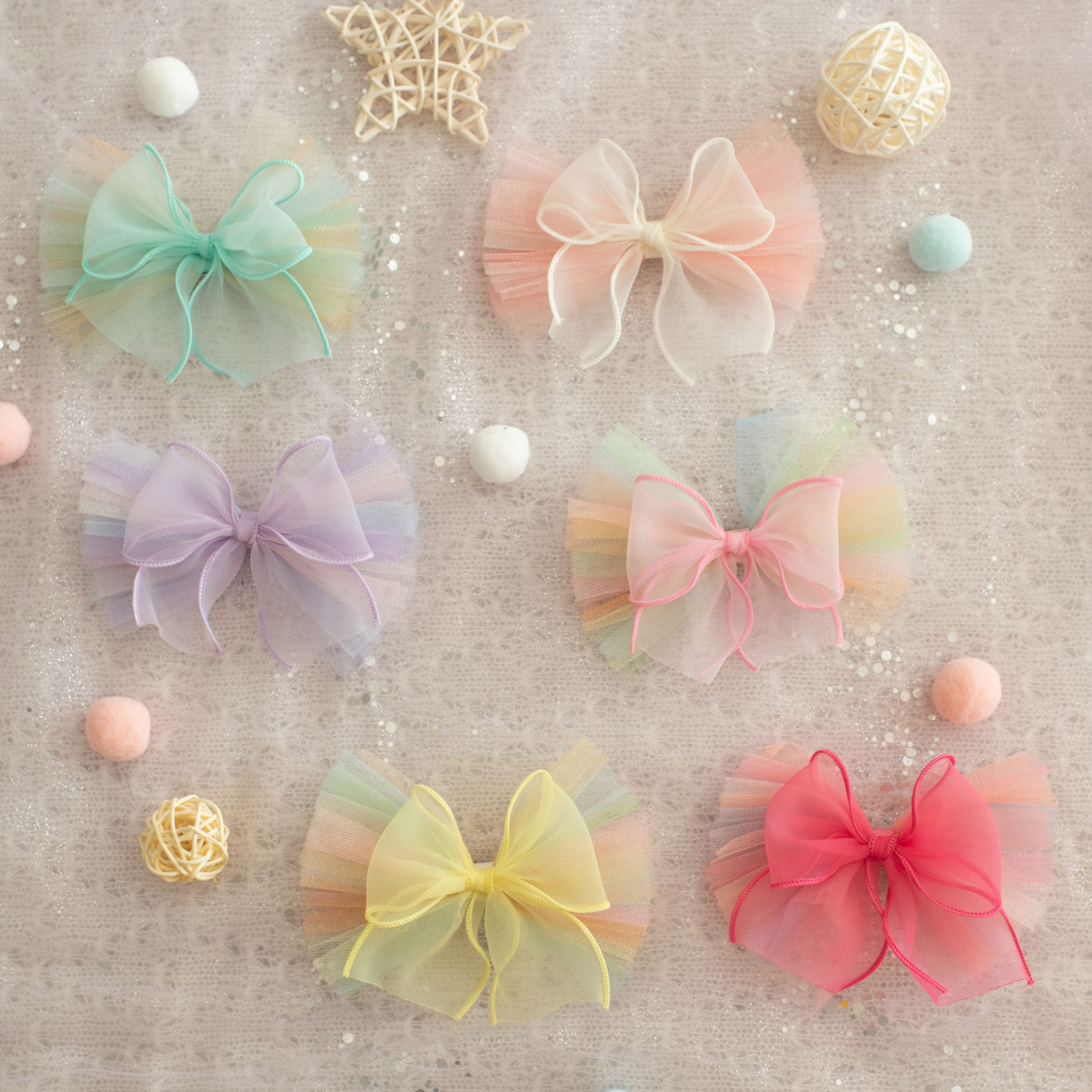 Summer Crystal - Organza Tulle Bow Hair Clip - 1 Pack